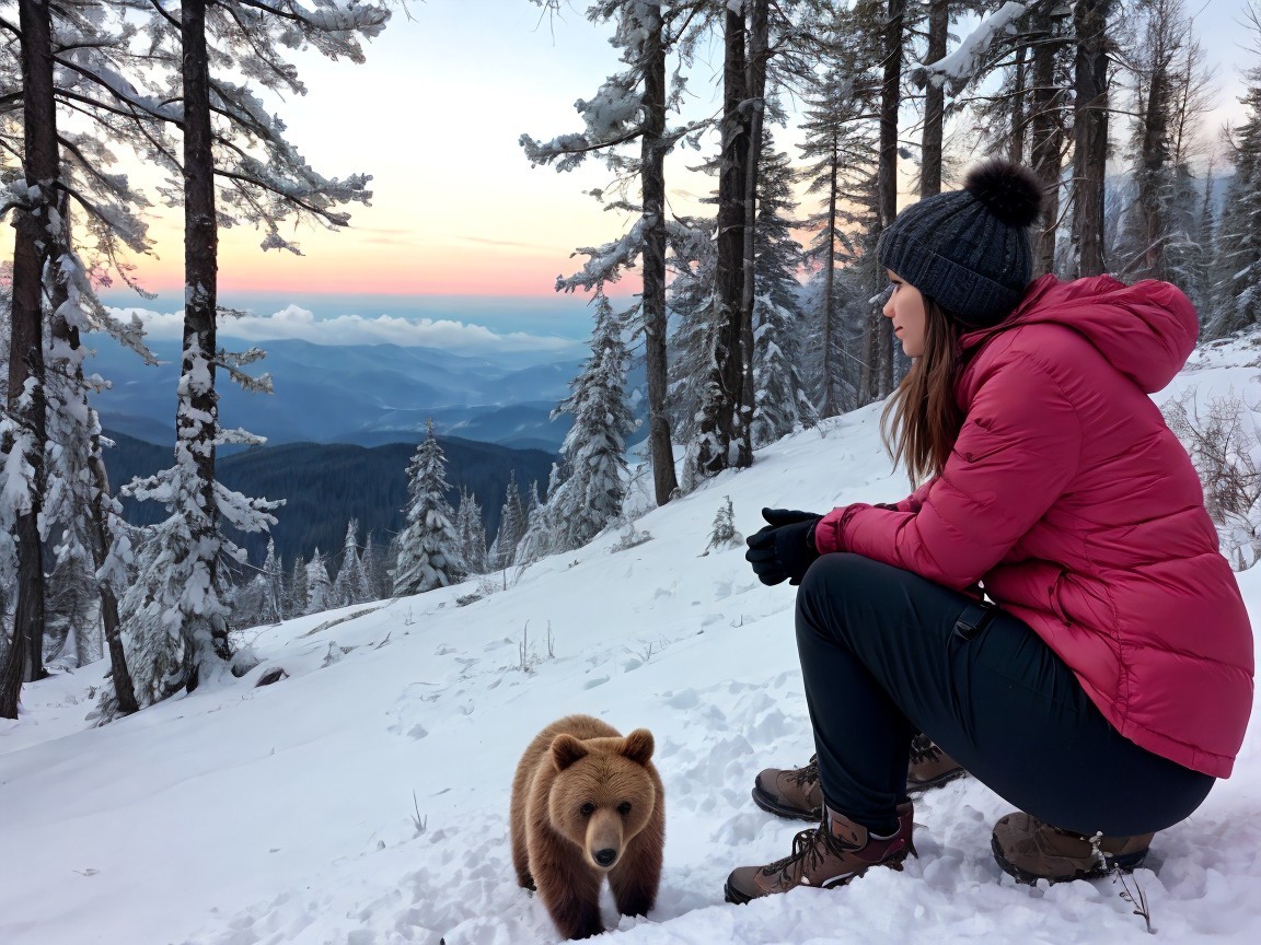 Woman in pink jacket observes brown bear in snow.