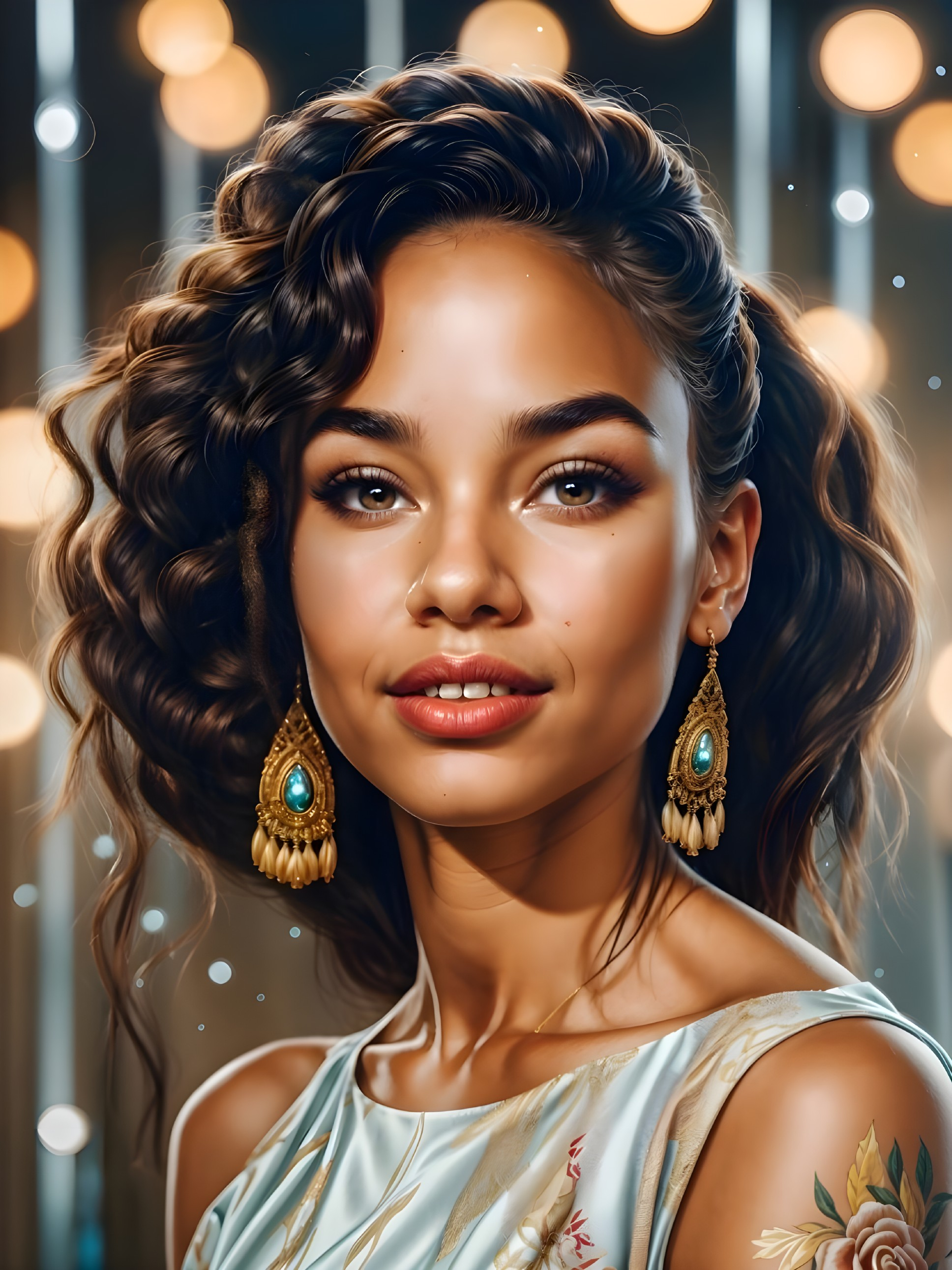 Portrait of a young woman with turquoise earrings and glow