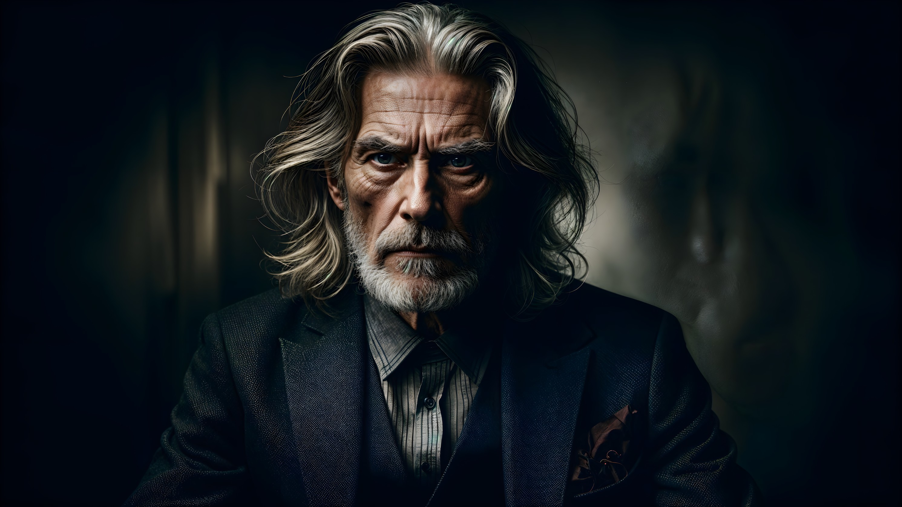 Elderly man in tailored suit with intense gaze