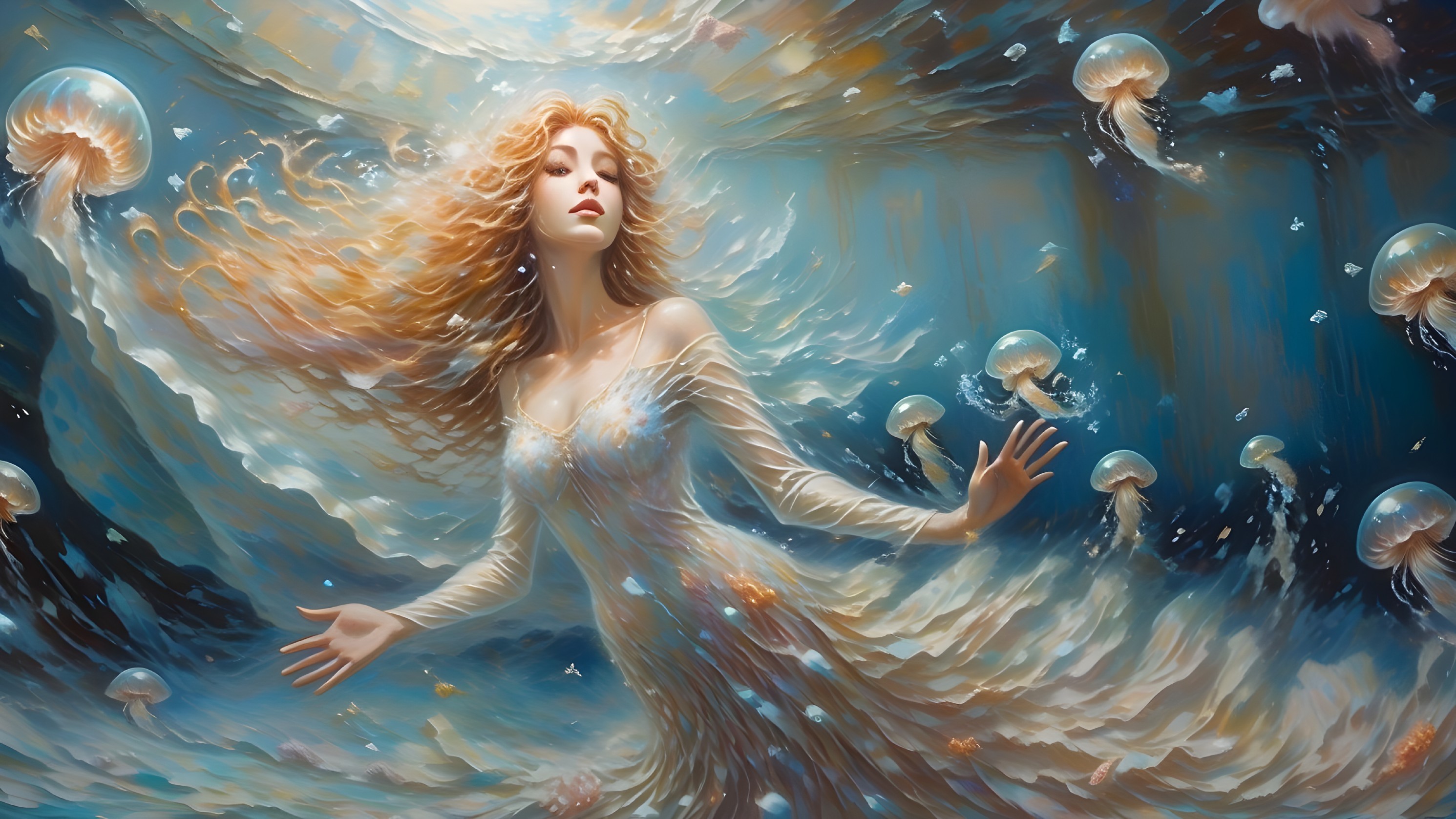 Mythical figure in tranquil underwater realm with jellyfish