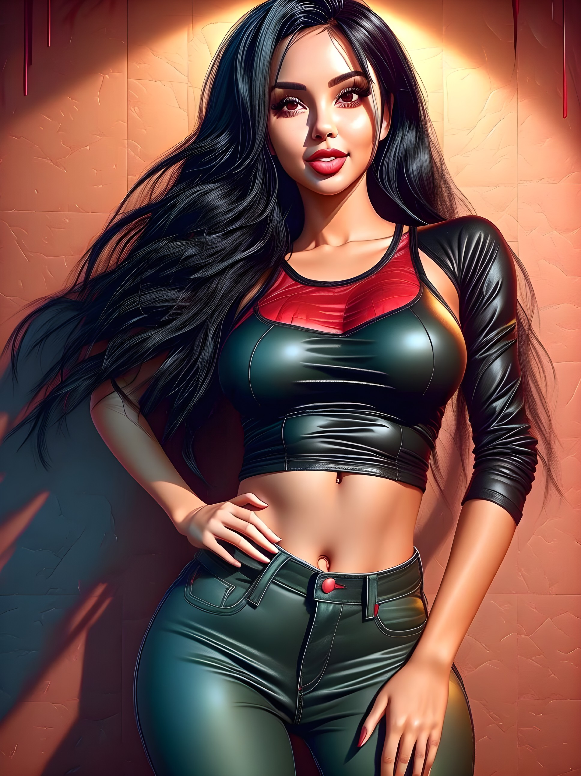 Stylized Woman in Confident Pose Against Textured Wall