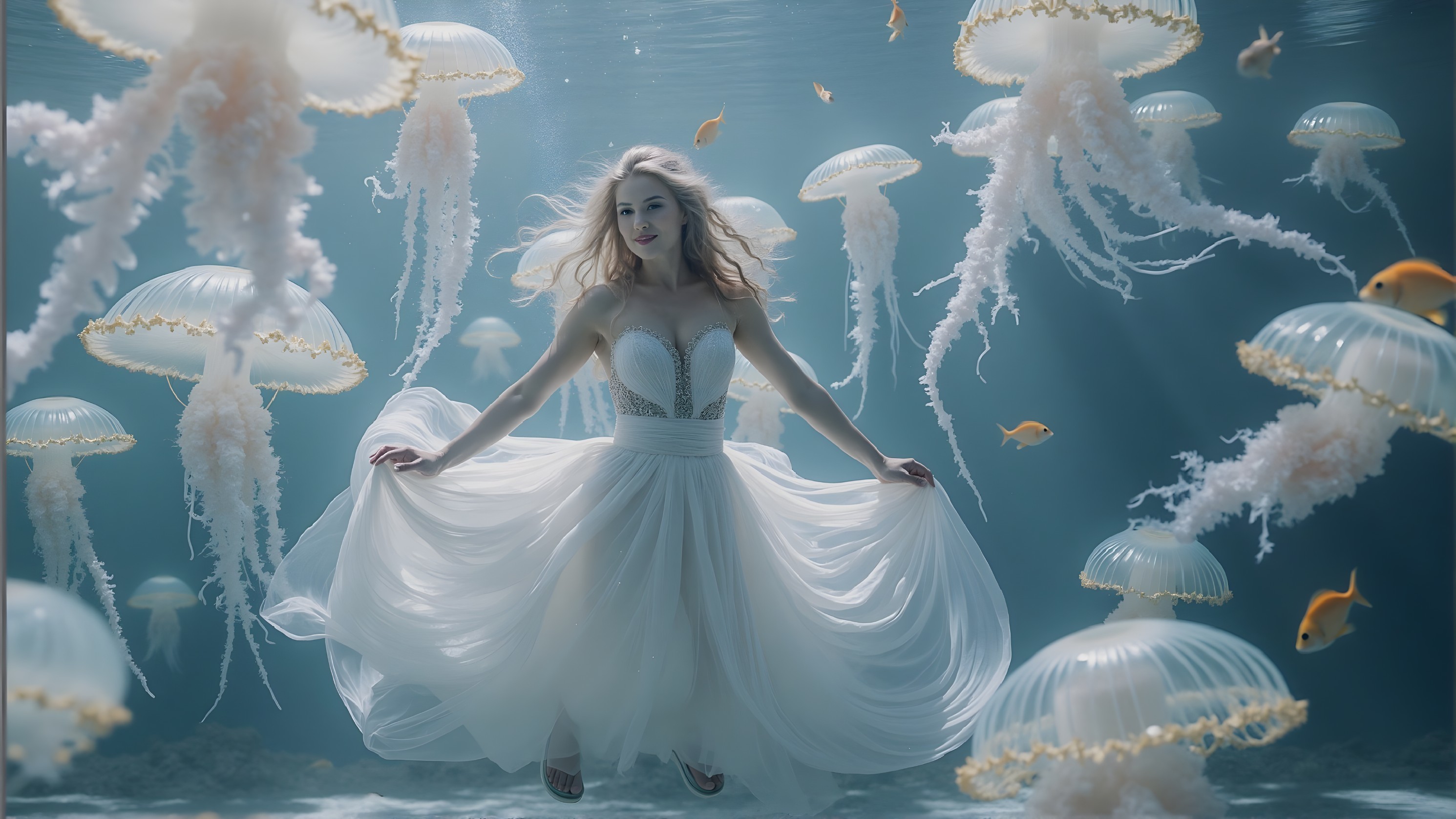 Underwater Scene with Jellyfish and Goldfish