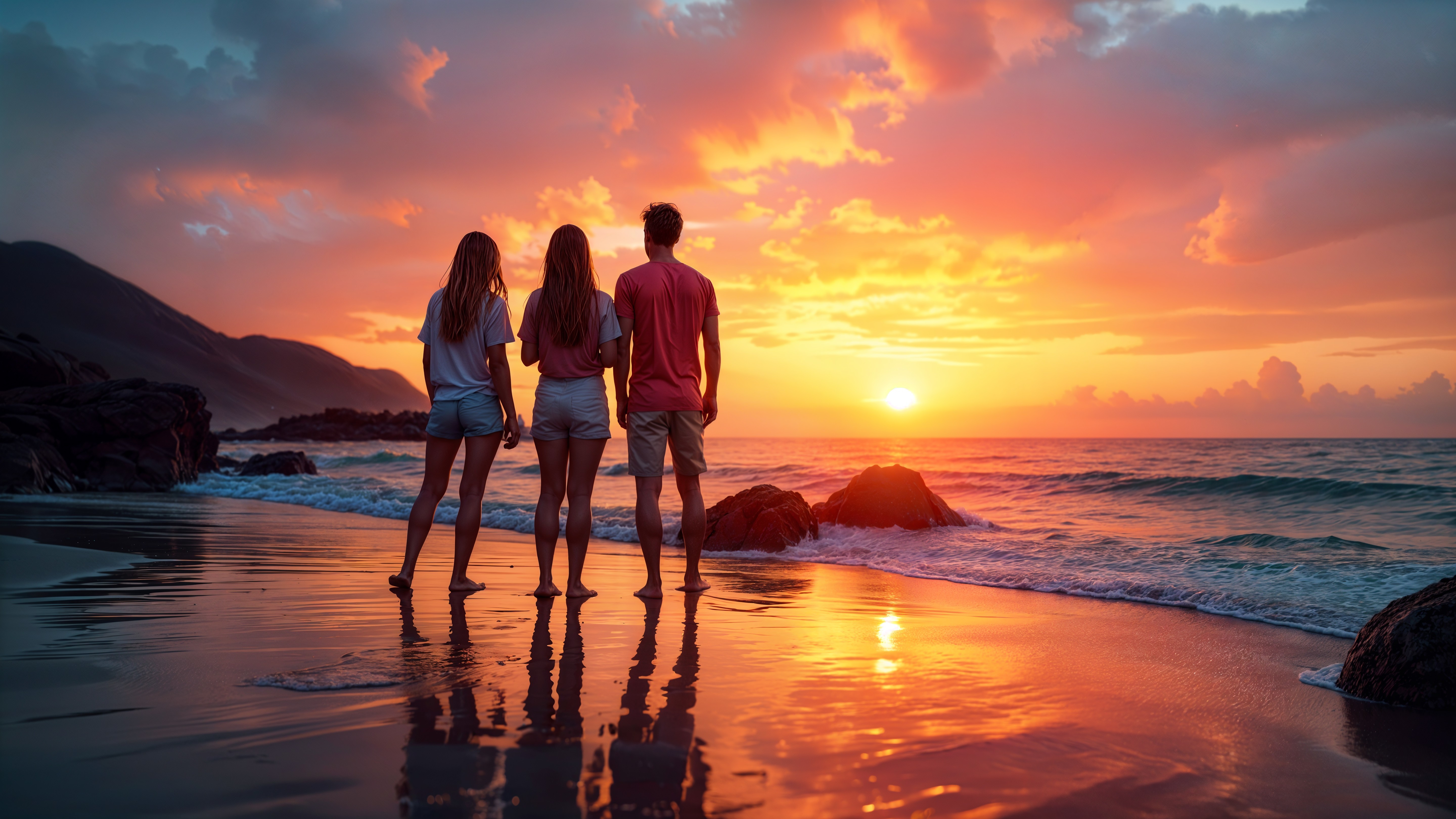 Friends Enjoying a Serene Sunset at the Beach