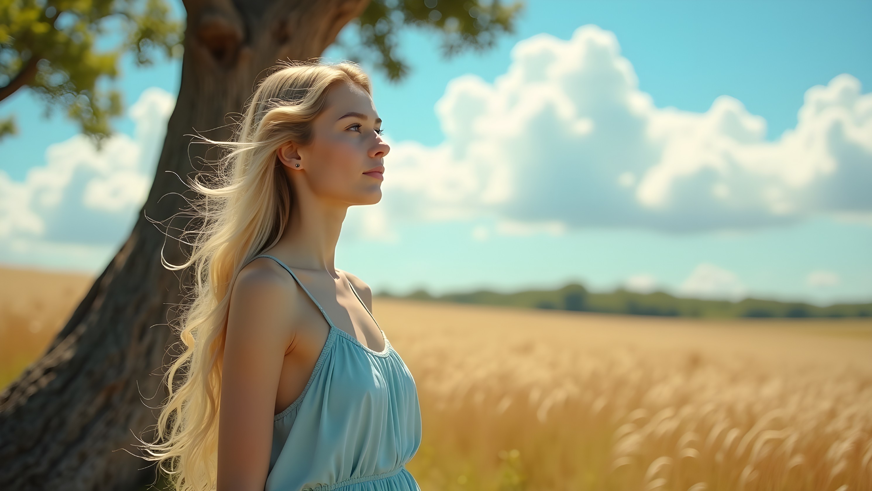 Young woman in sunlit wheat field with tree backdrop