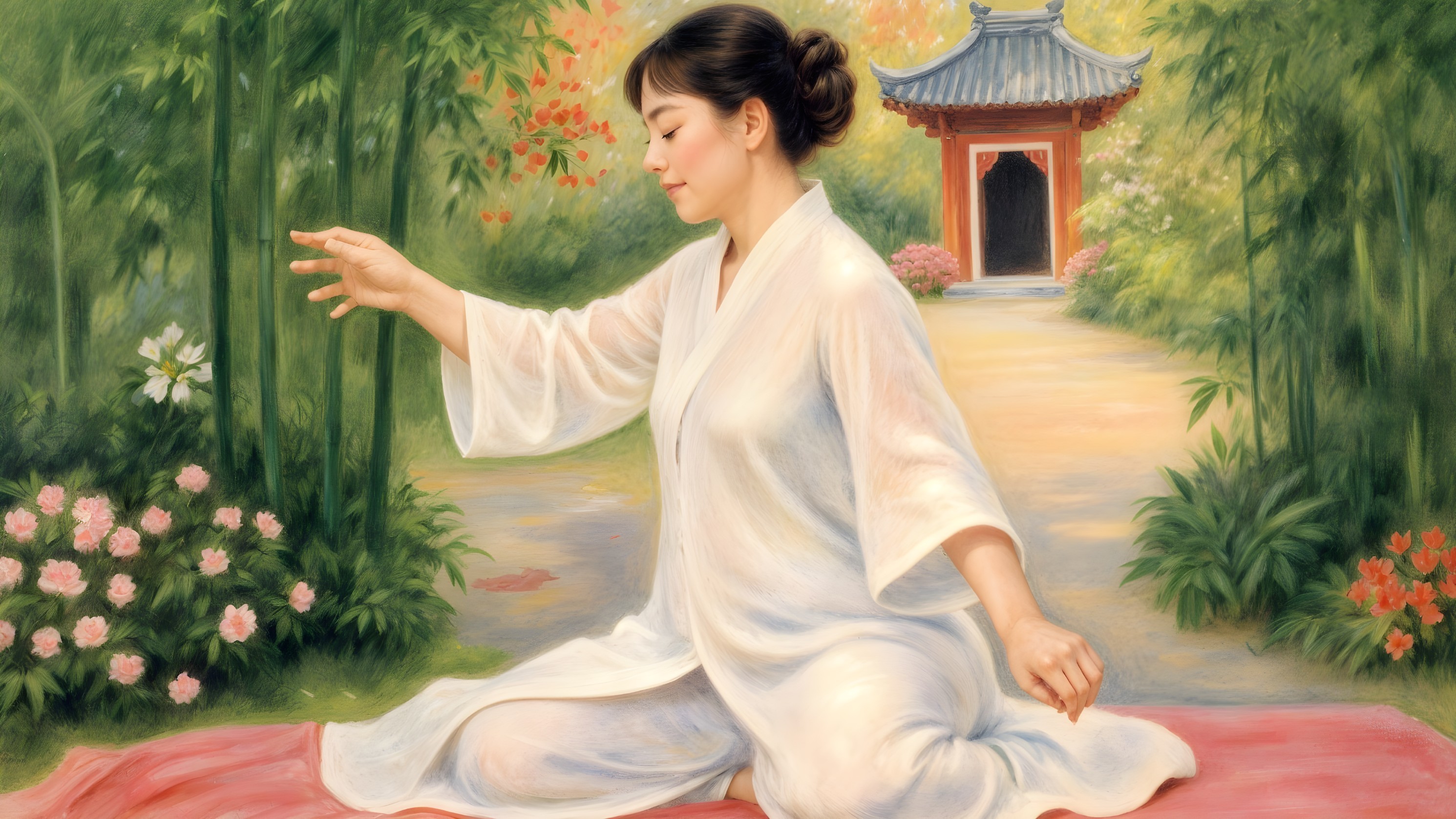 Woman in White Robe Amidst Lush Greenery and Flowers