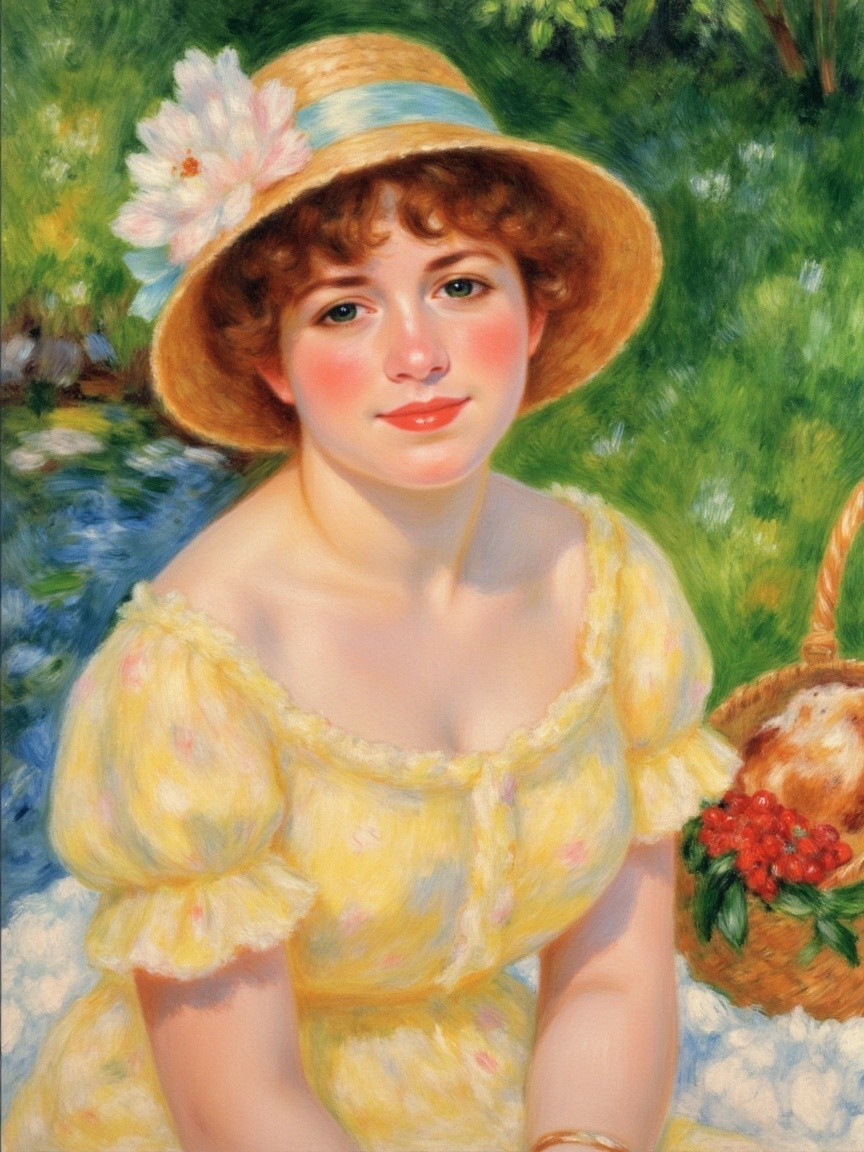 Young woman in yellow dress against green landscape