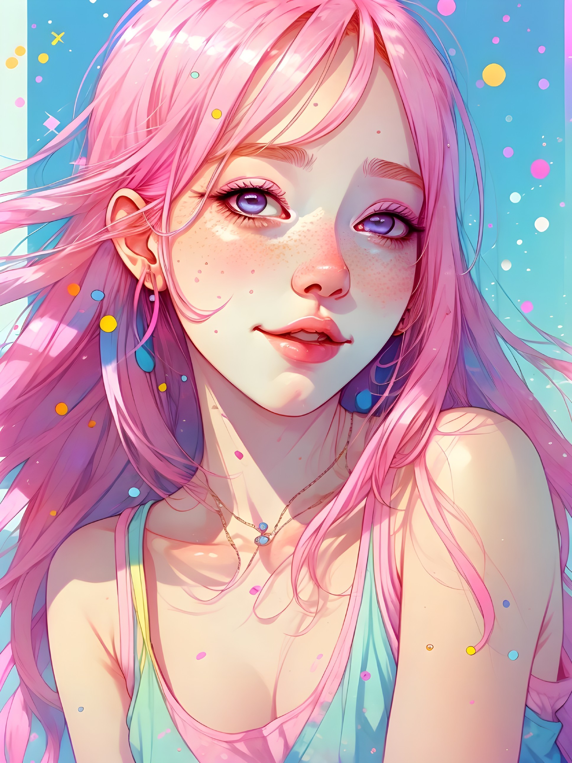 Portrait of a Young Woman with Pink Hair and Purple Eyes
