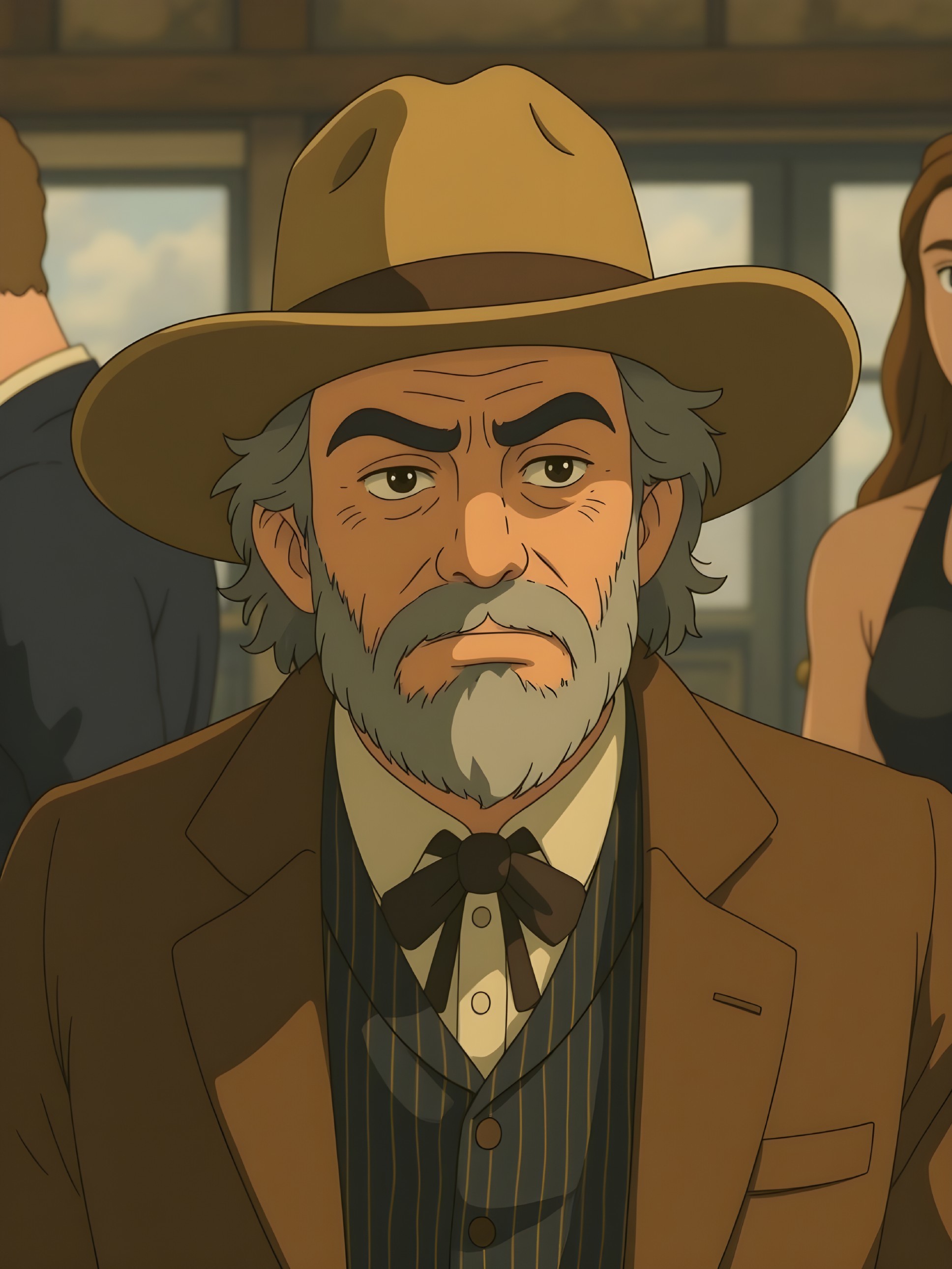 Elderly Man in Brown Suit at Historical Gathering