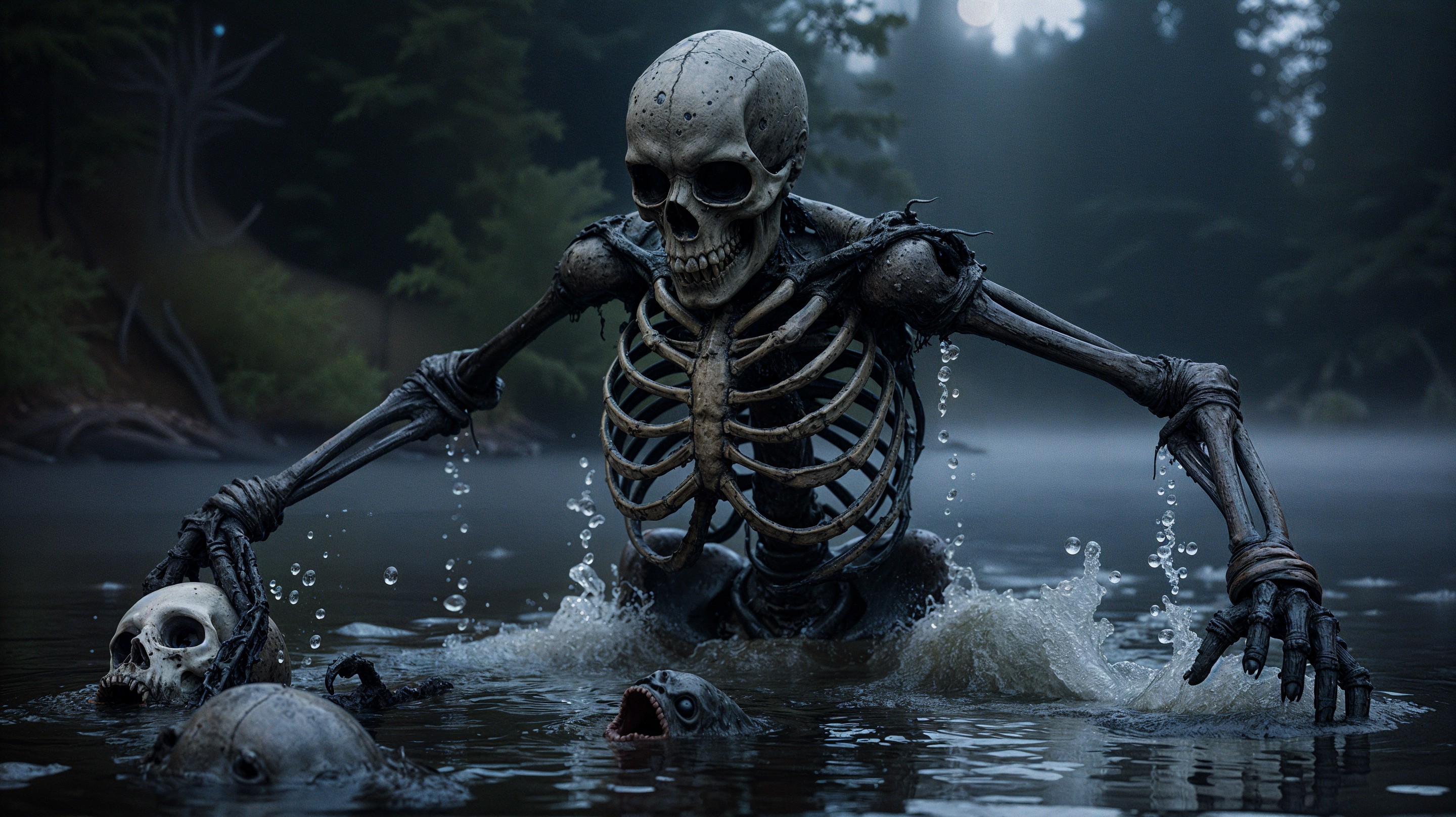 Skeletal Figure in a Misty, Shadowy Lake Scene