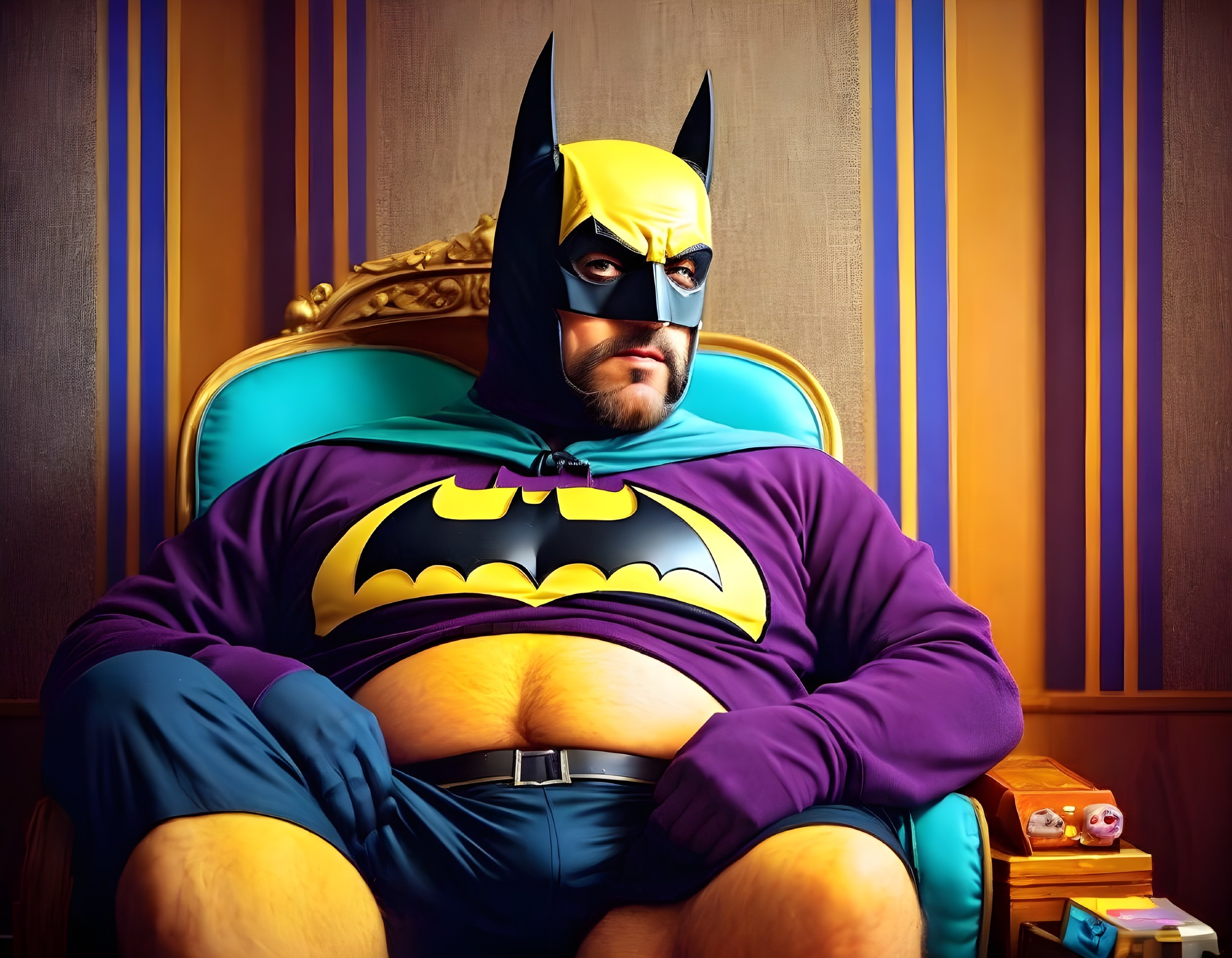 Man in Oversized Batman Costume in Elegant Setting