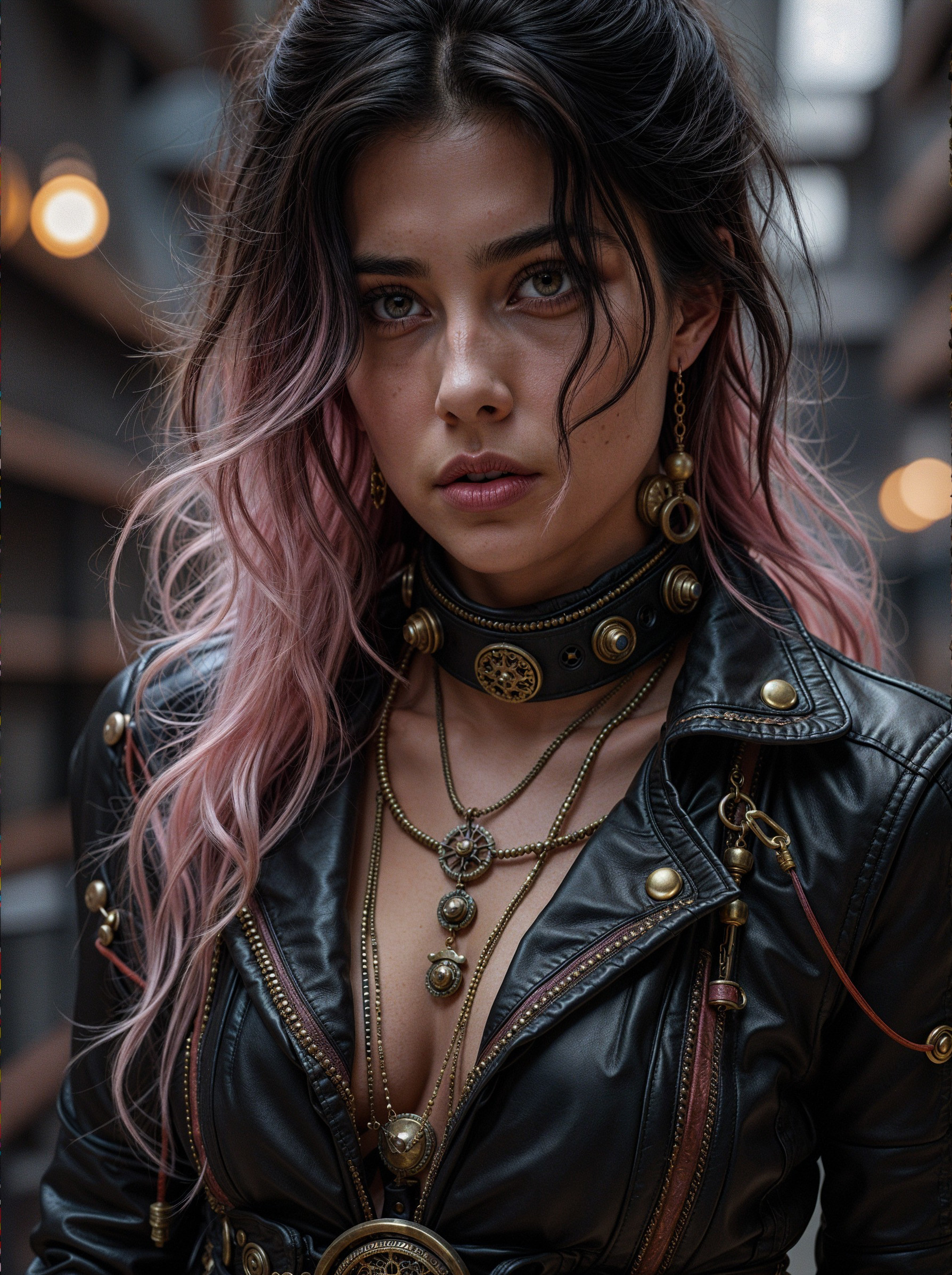 Young woman in black leather jacket with gold details