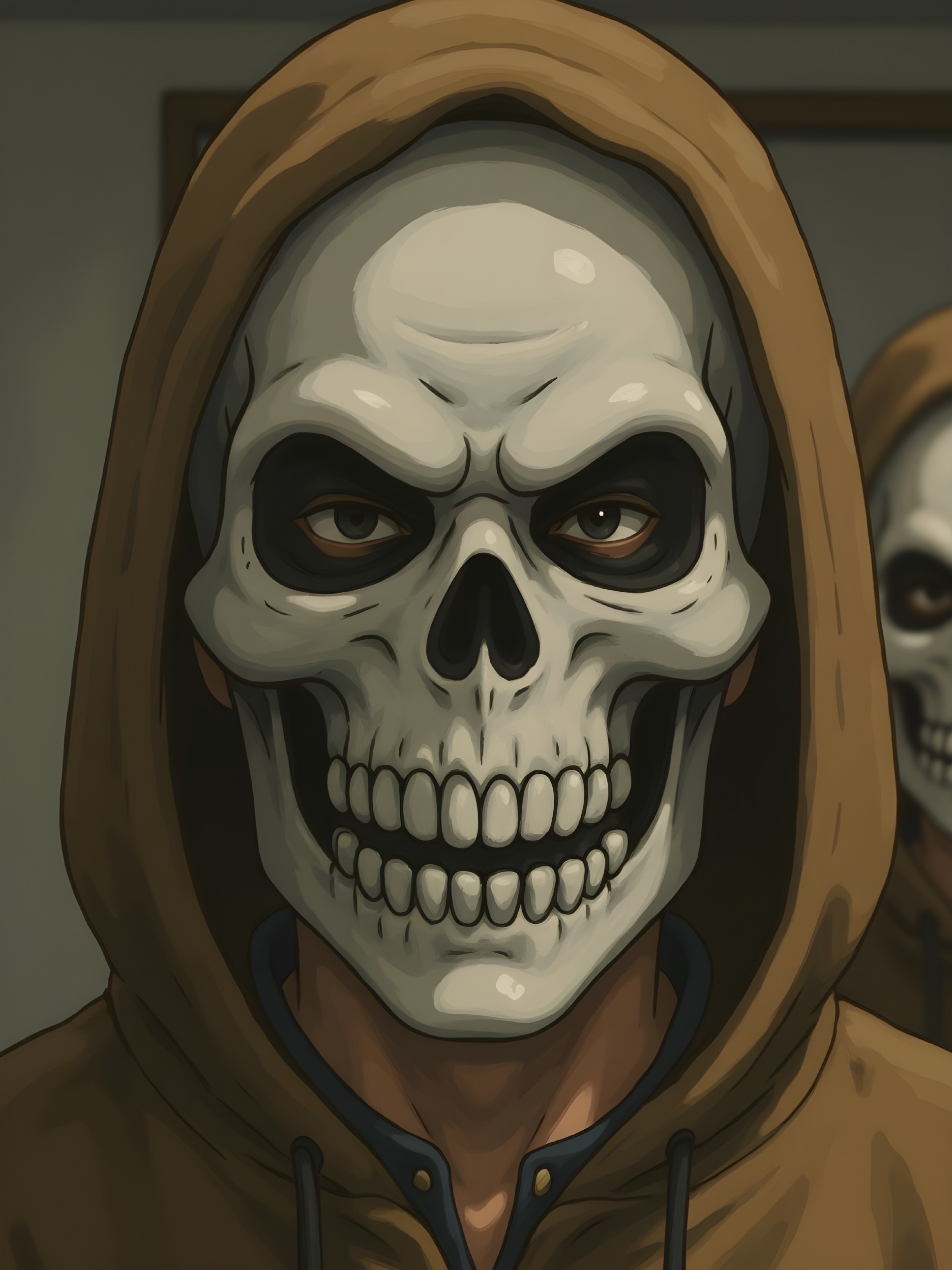 Mysterious Figures in Dimly Lit Room with Skull Masks
