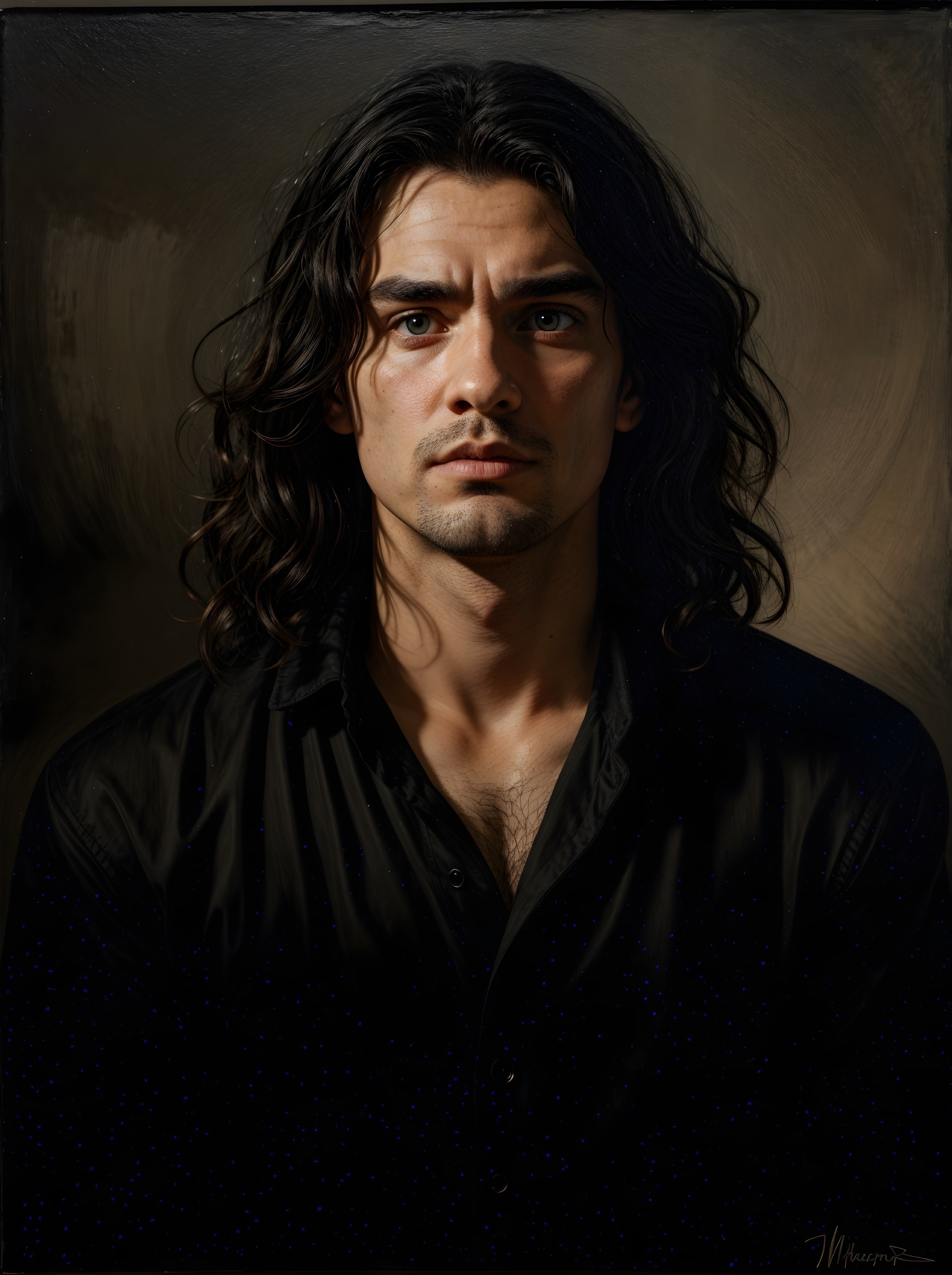 Portrait of a Young Man with Dark Hair and Blue Eyes