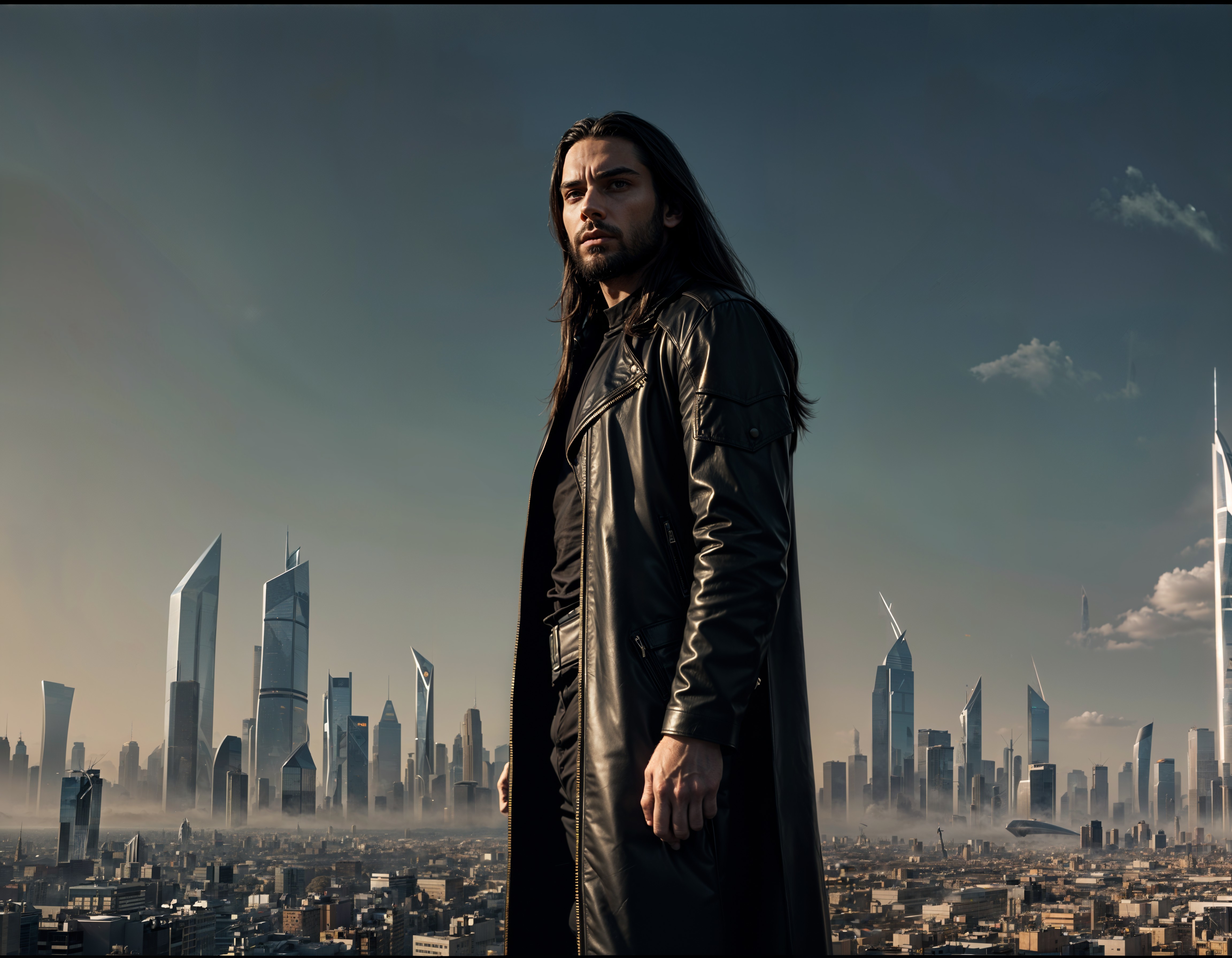 Futuristic Cityscape with Mysterious Figure and Skyscrapers