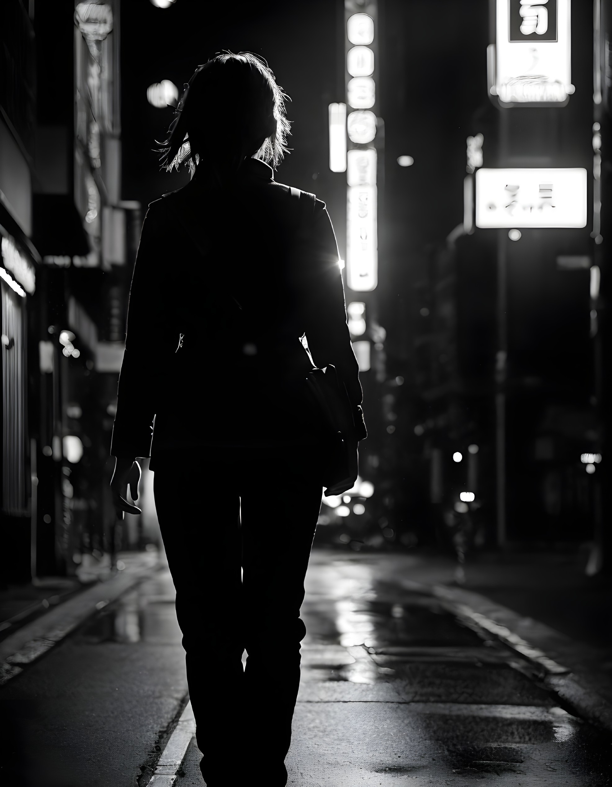 Silhouetted Figure on Dimly Lit Night Street
