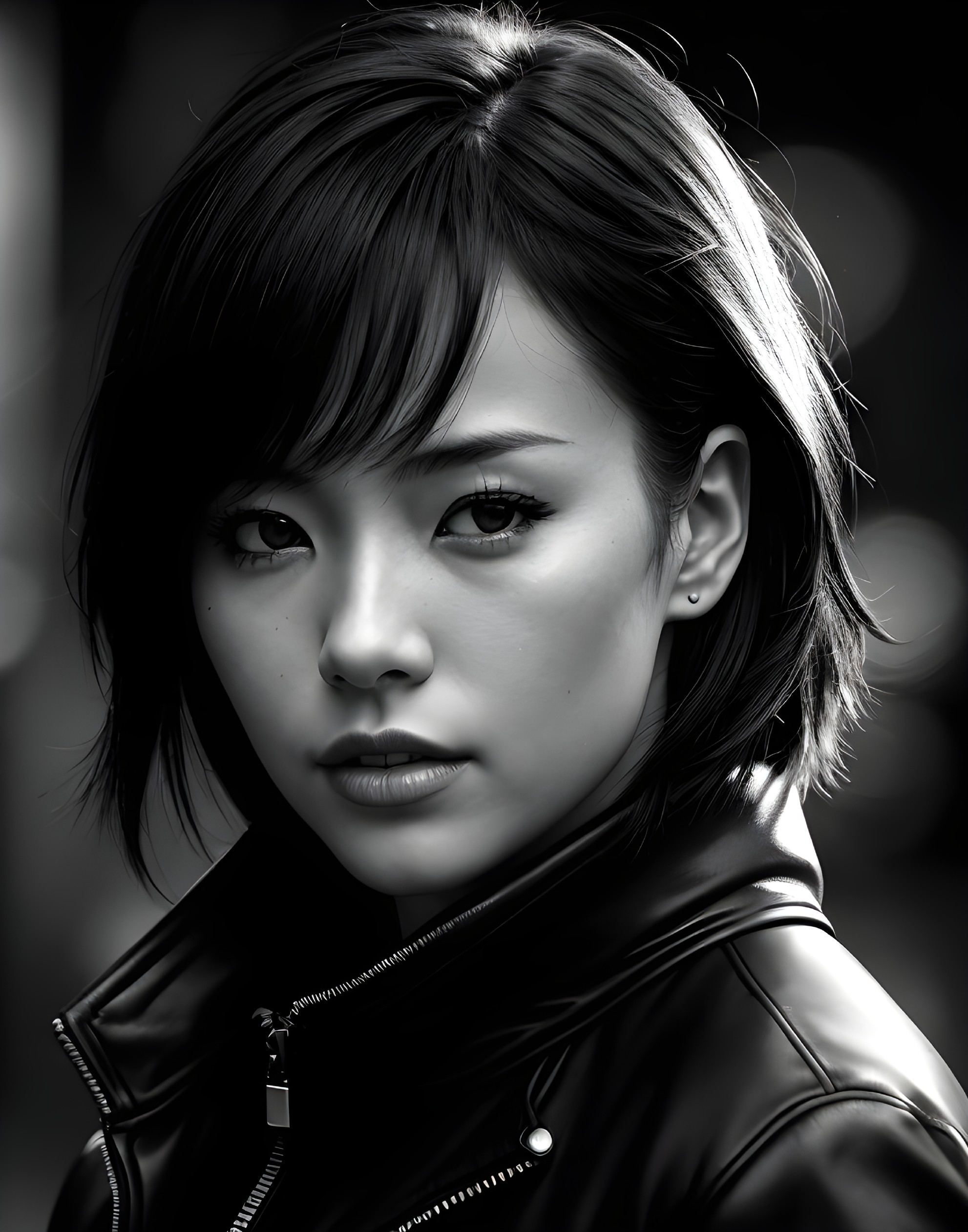 Black-and-white portrait of a confident woman