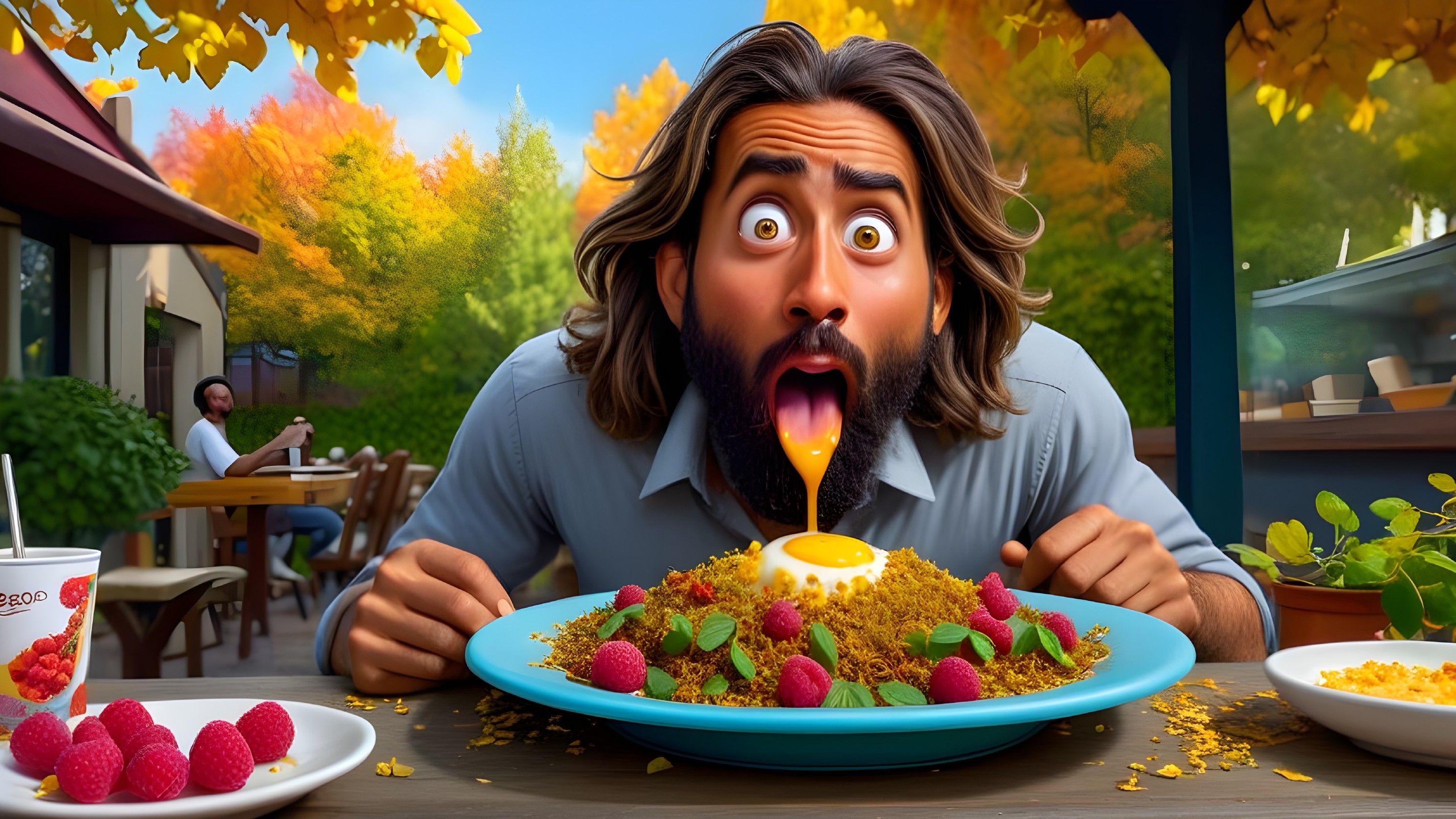 Surprised Man Observing Colorful Food Plate Outdoors