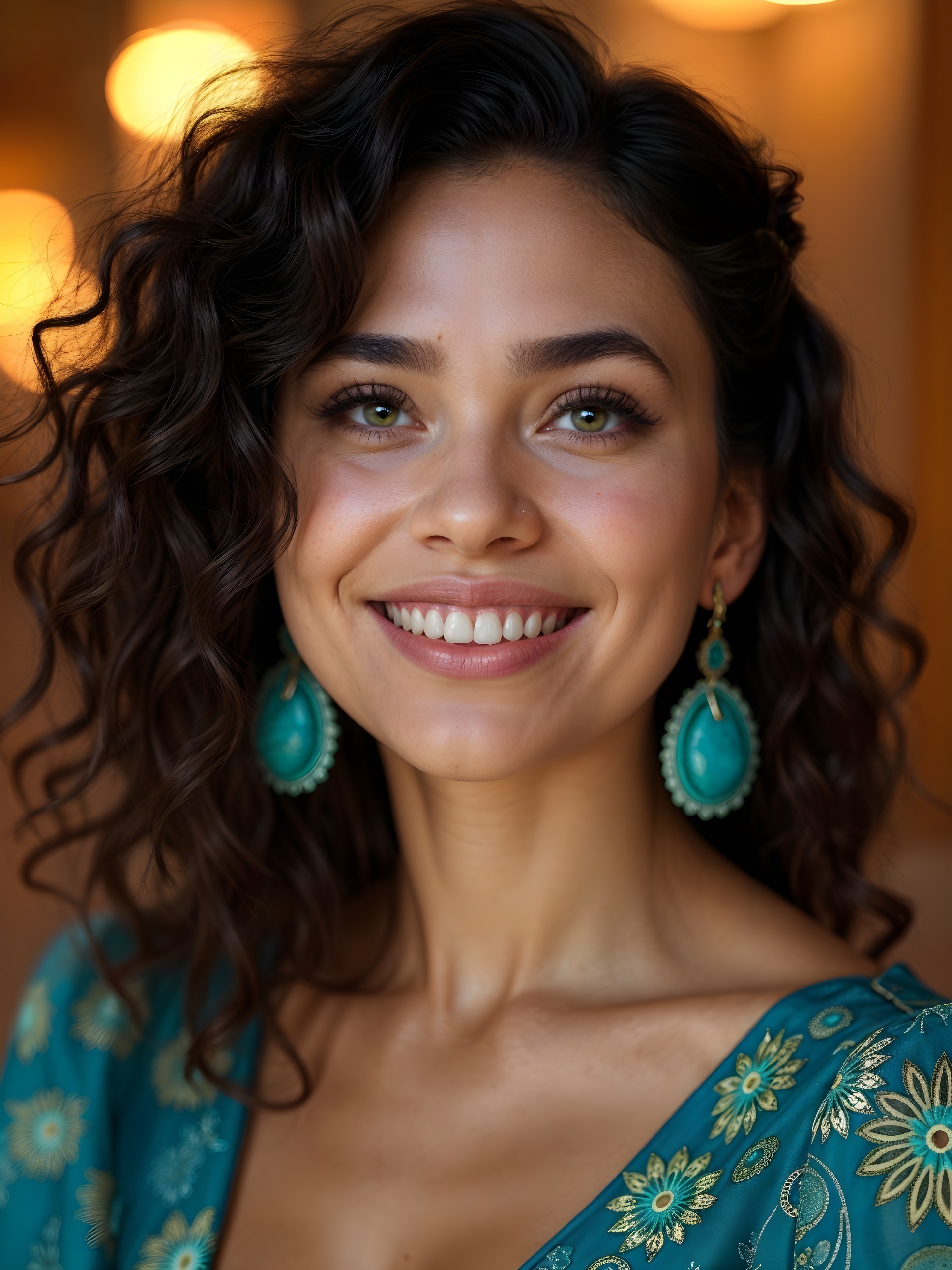Woman with Curly Hair and Turquoise Earrings