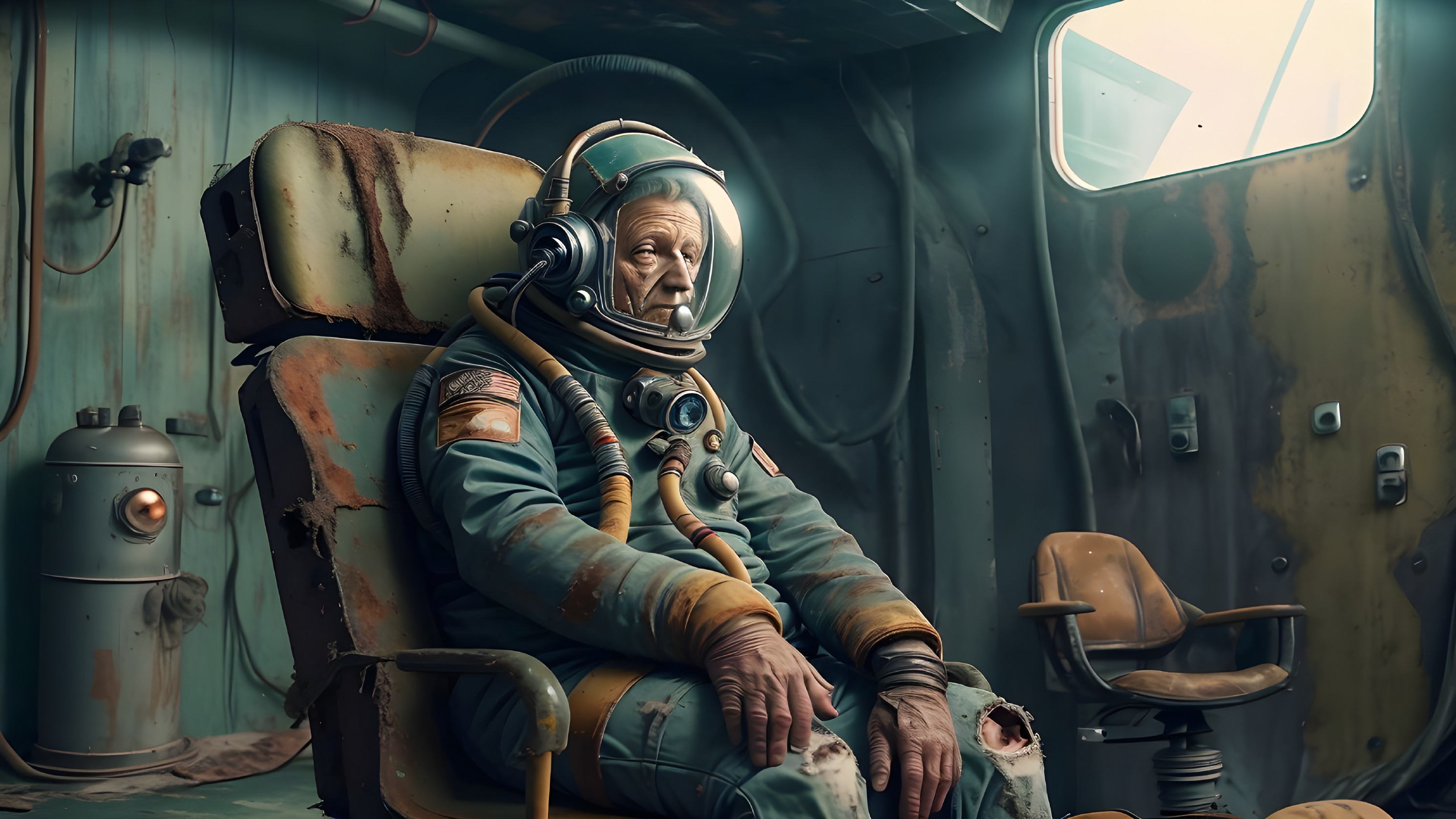 Aged Astronaut in Worn Cockpit of Abandoned Spacecraft
