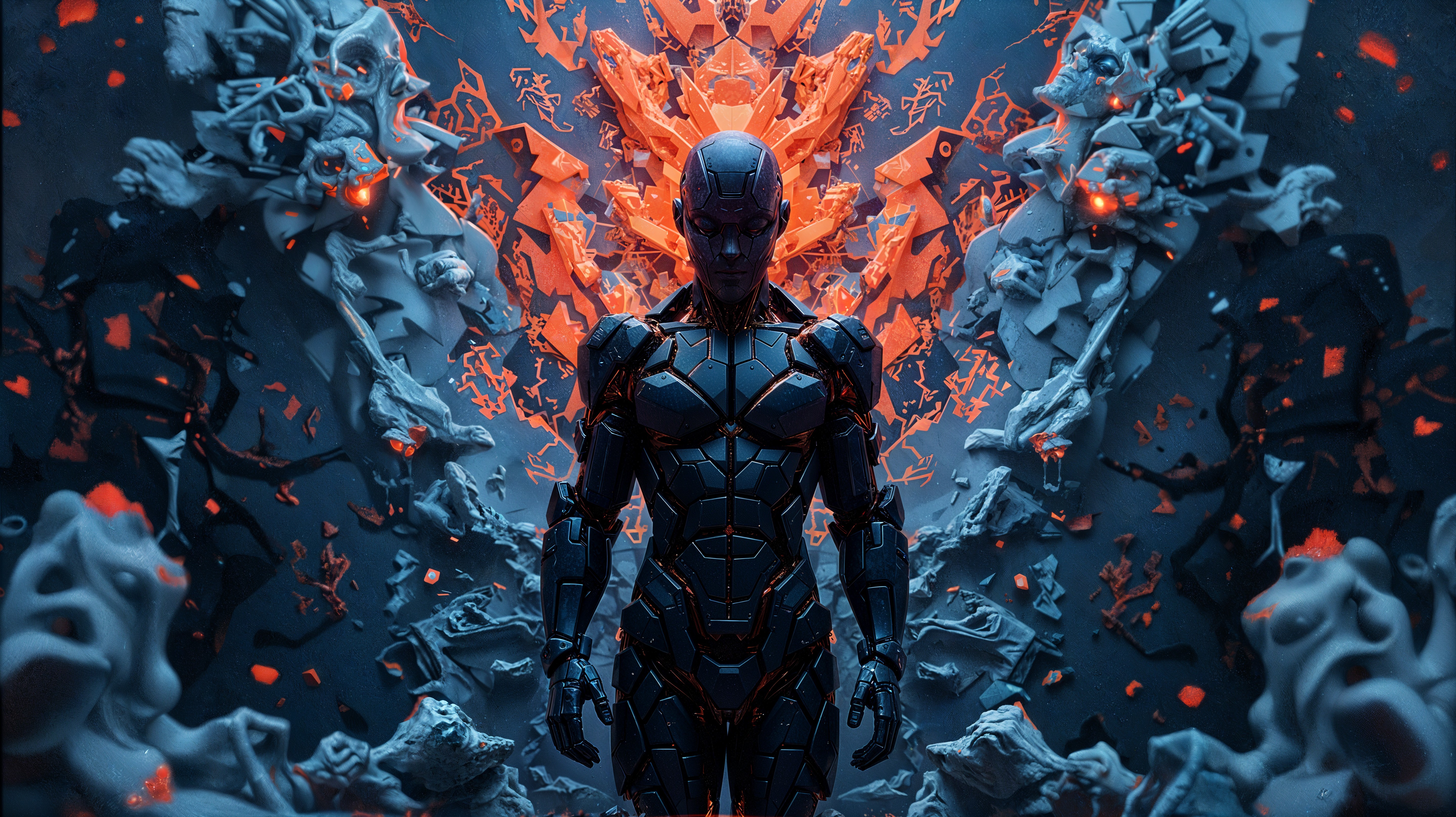 Futuristic Robot Surrounded by Glowing Abstract Shards