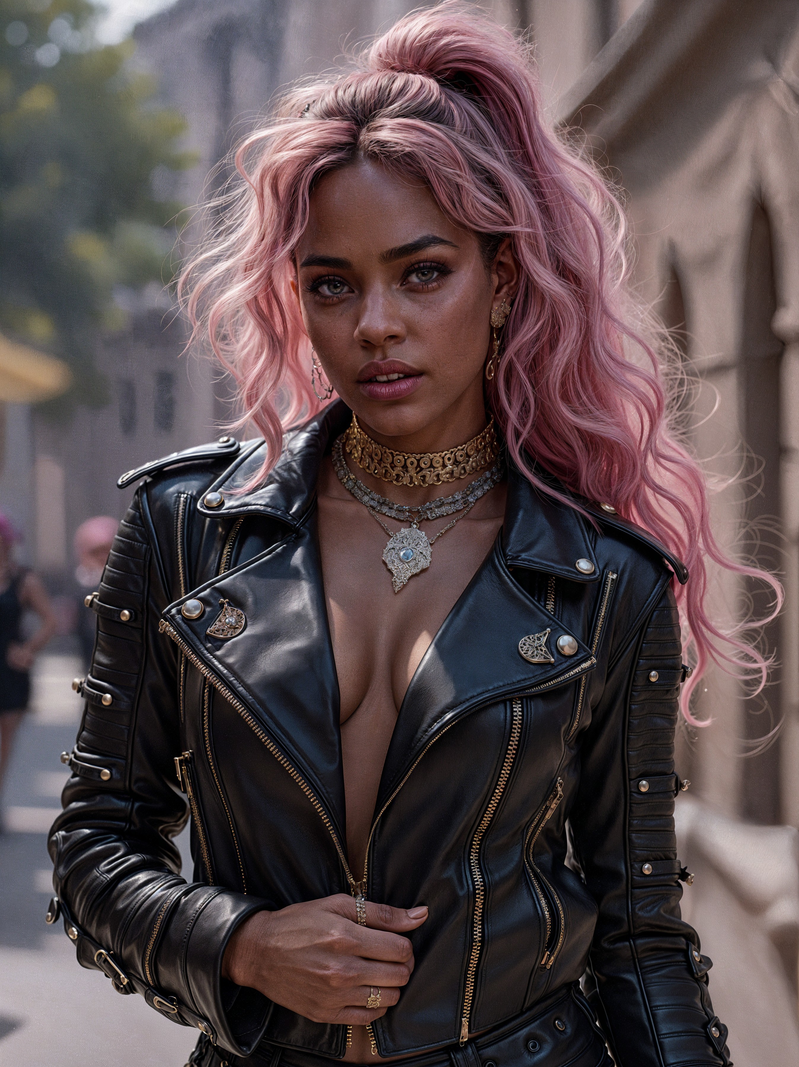 Young woman in studded leather jacket with pink hair