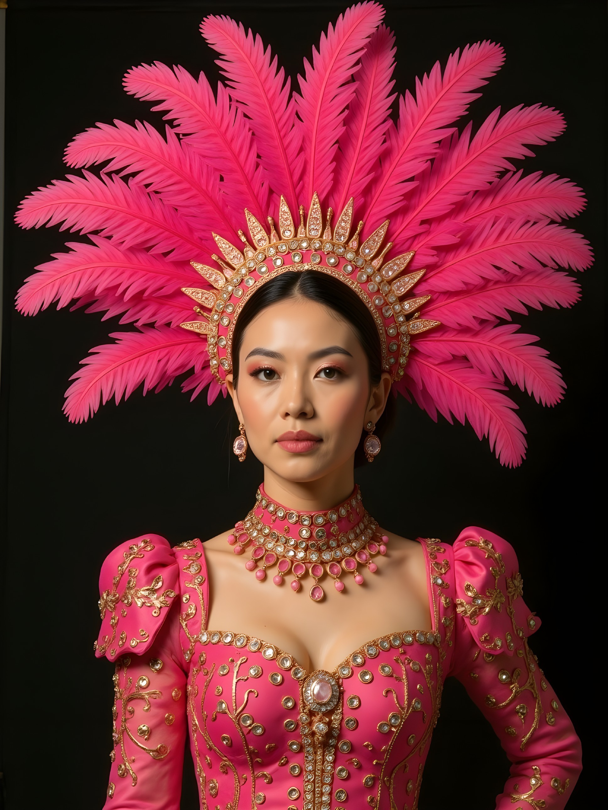Vibrant Pink Attire with Feathered Headdress and Beadwork