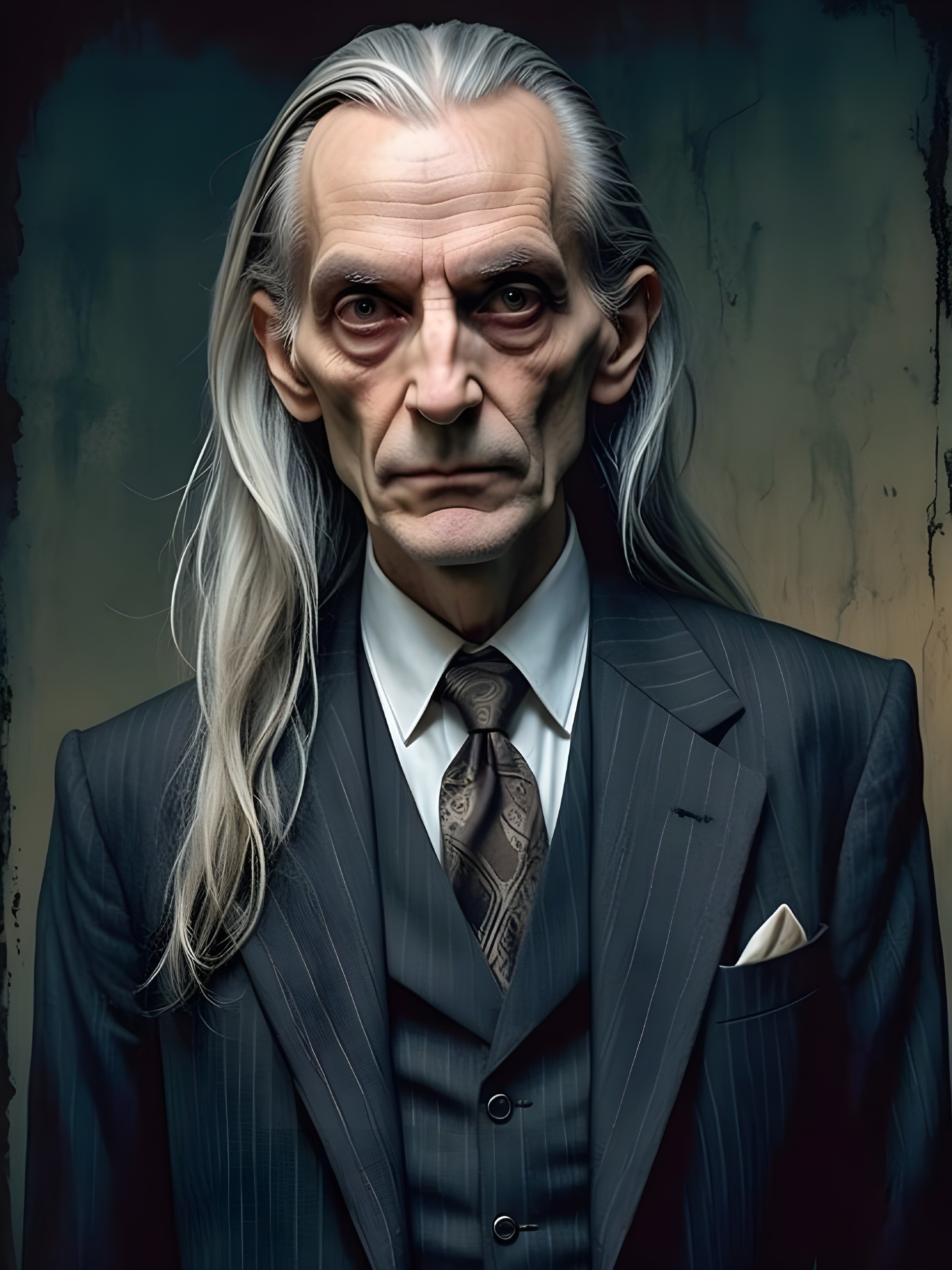 Portrait of a stern older man in a dark pinstripe suit