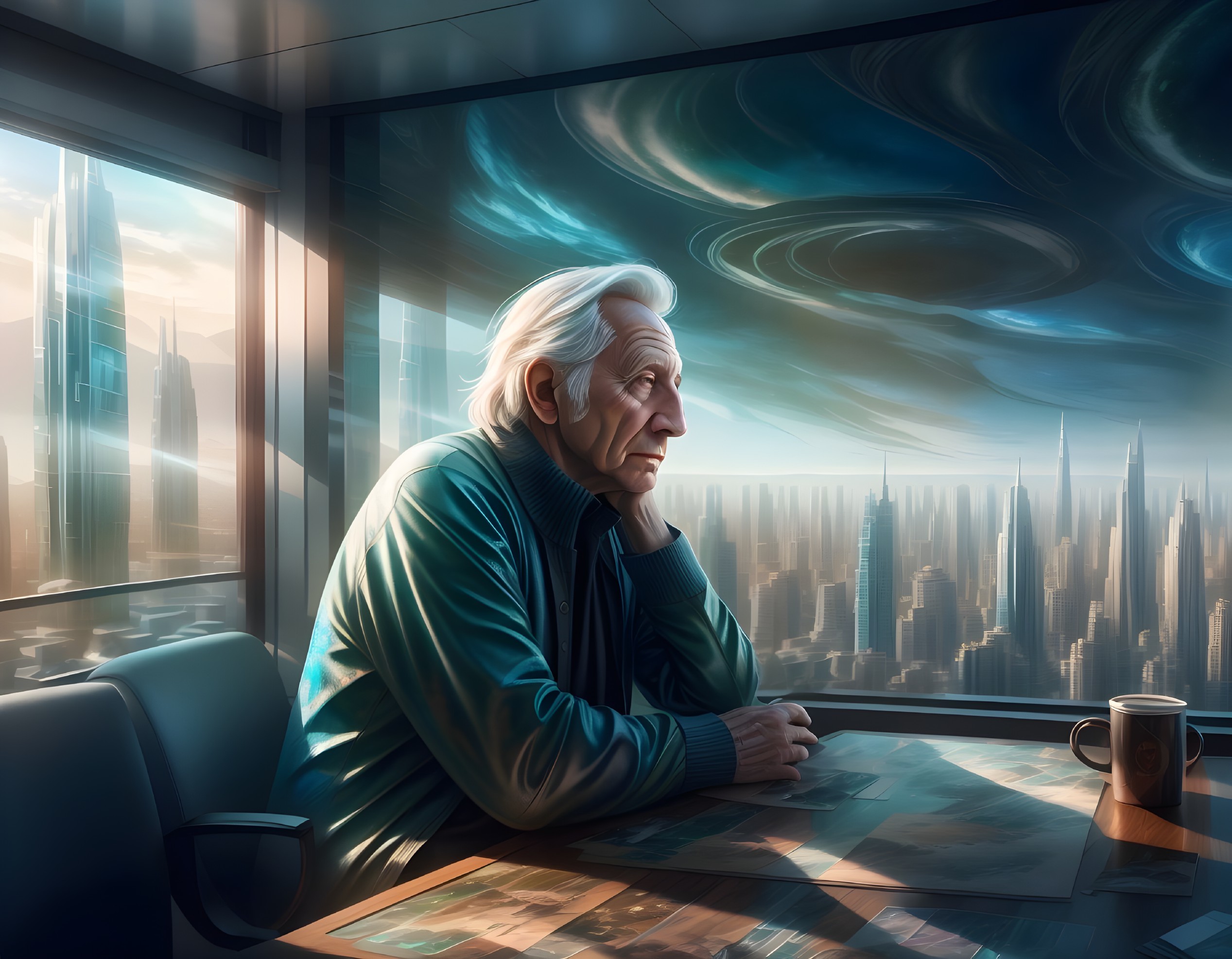 Elderly Man by Window with Futuristic Cityscape