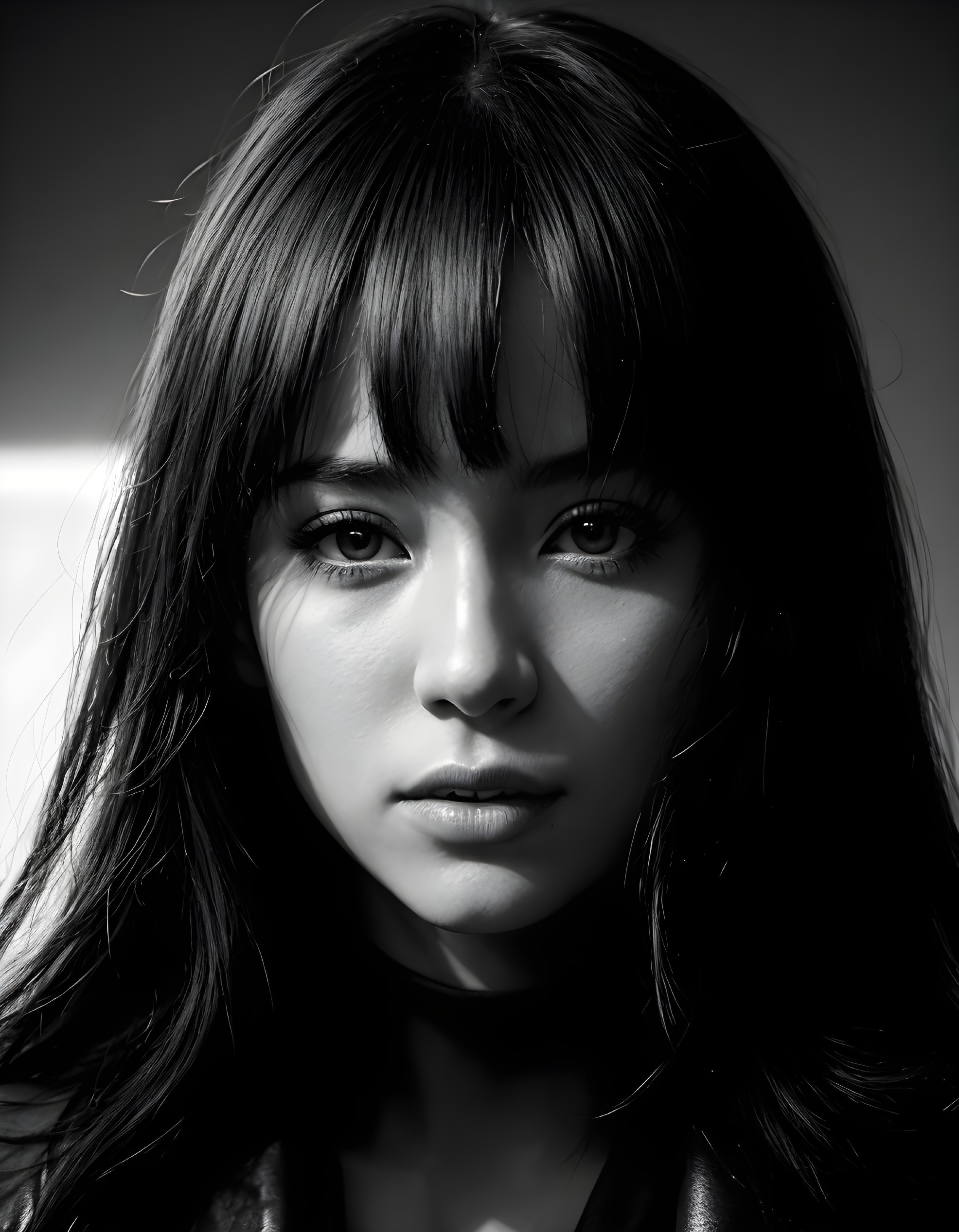 Portrait of a Young Woman with Dark Hair and Expressive Eyes