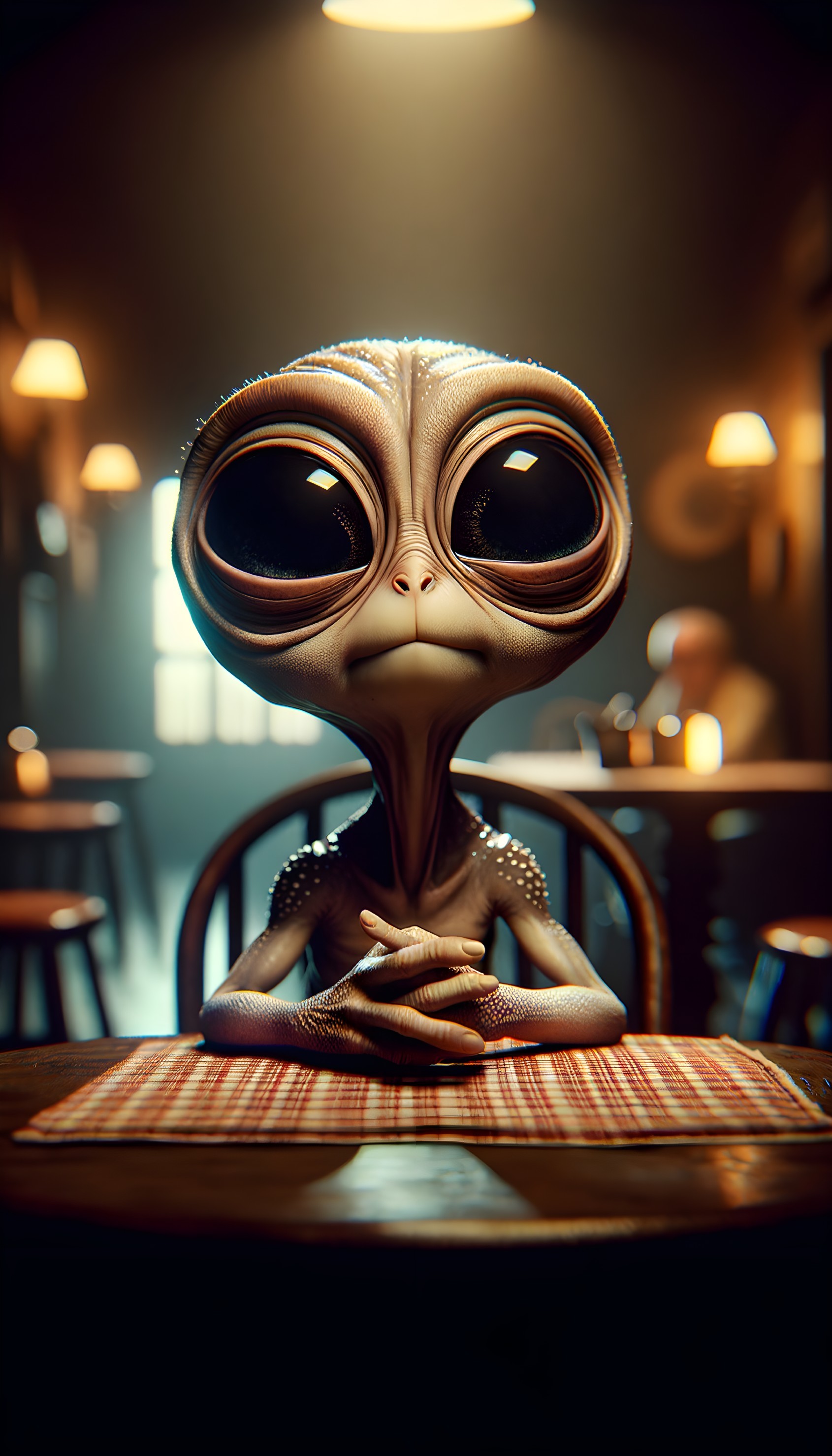 Alien in Cozy Café with Expressive Eyes and Soft Lighting