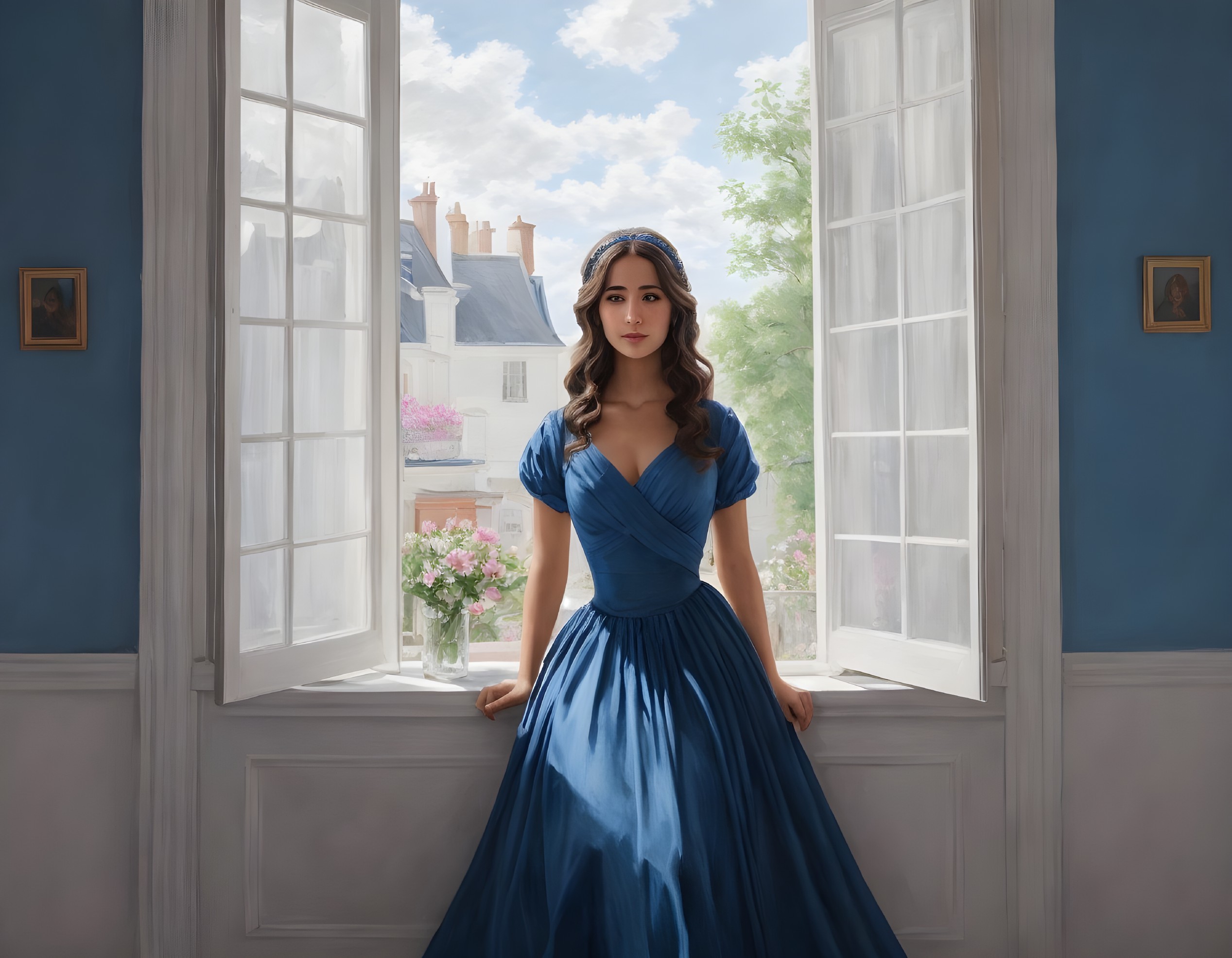 Young Woman in Blue Dress by Sunlit Window