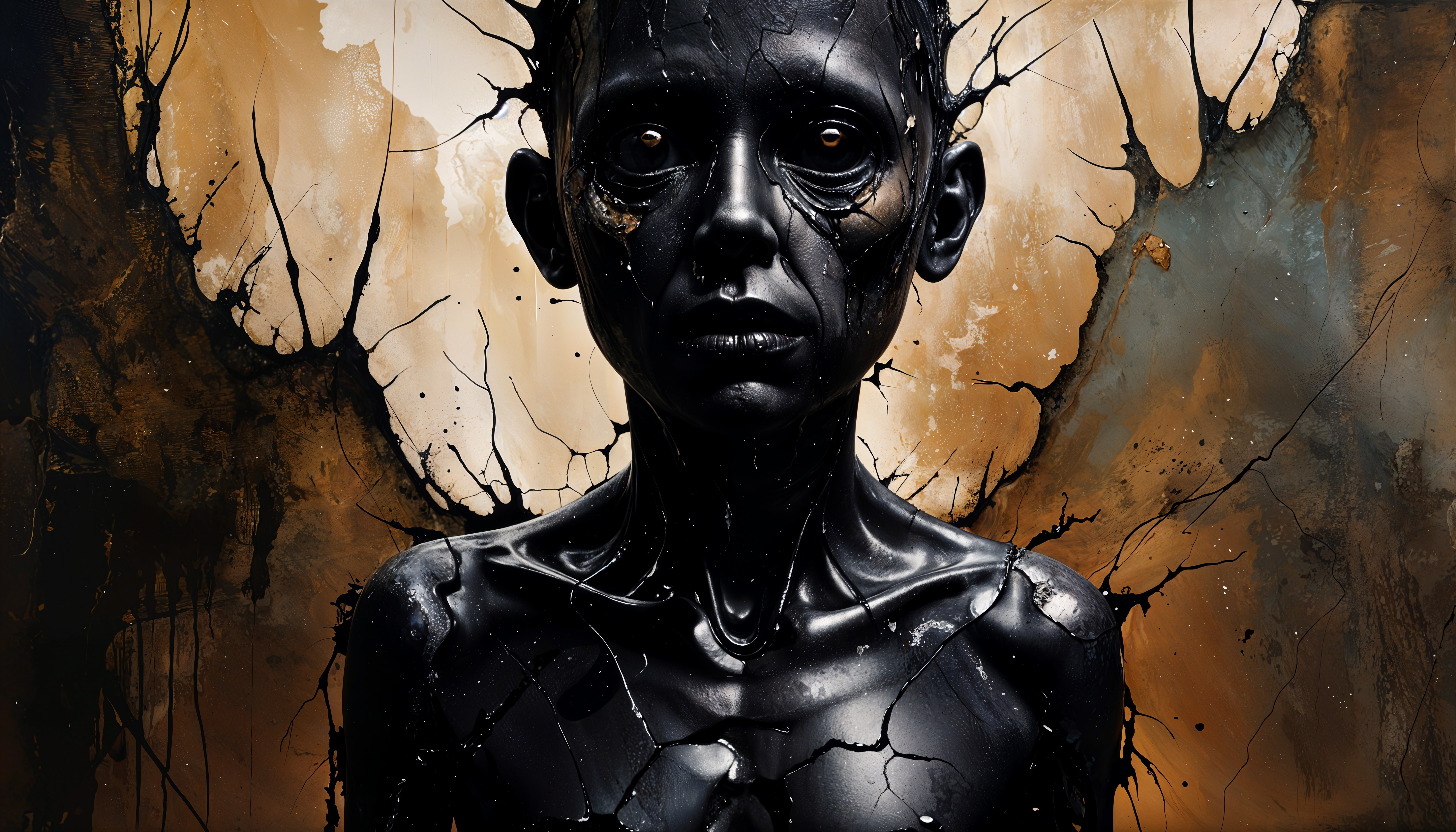 Surreal Figure with Glossy Black Skin and Cracked Gold Background