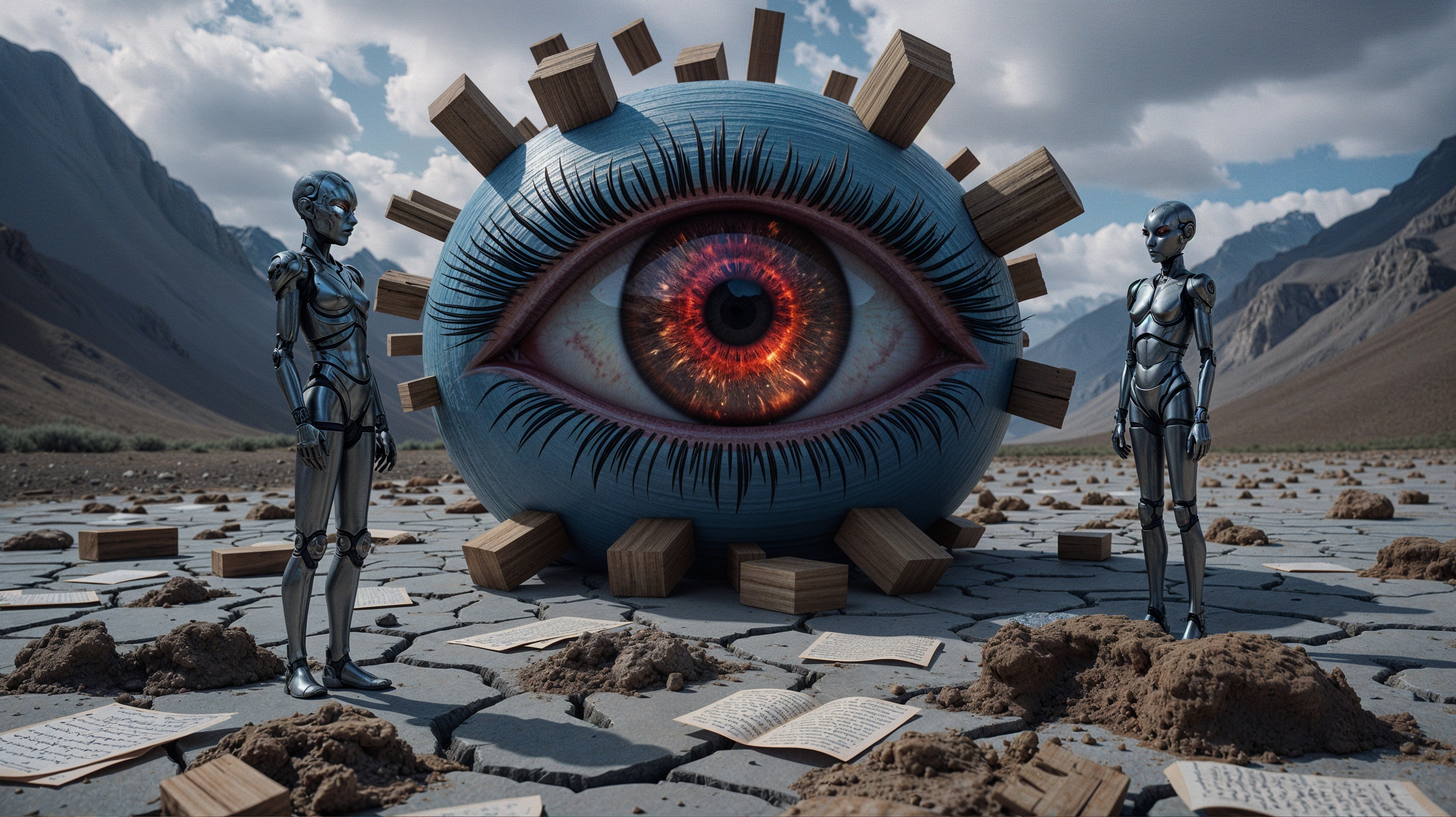 Surreal Landscape with Robots and Giant Eye
