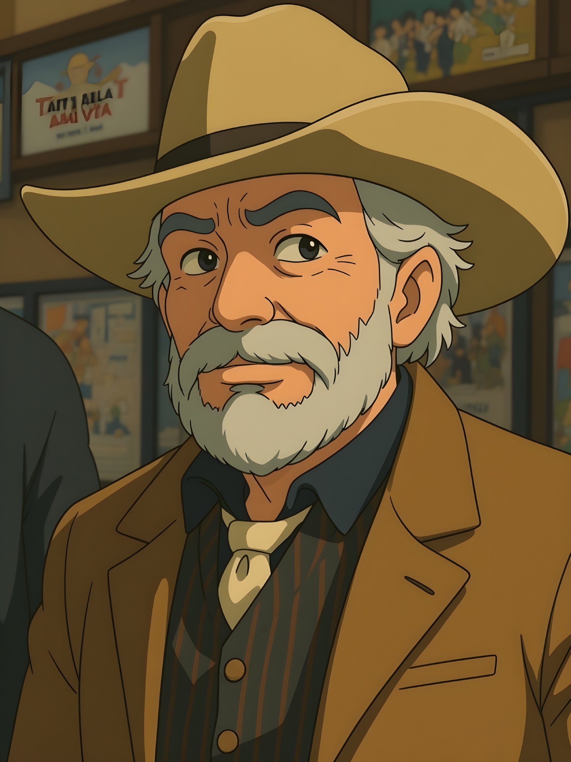 Animated Cowboy Character with Gray Beard and Hat