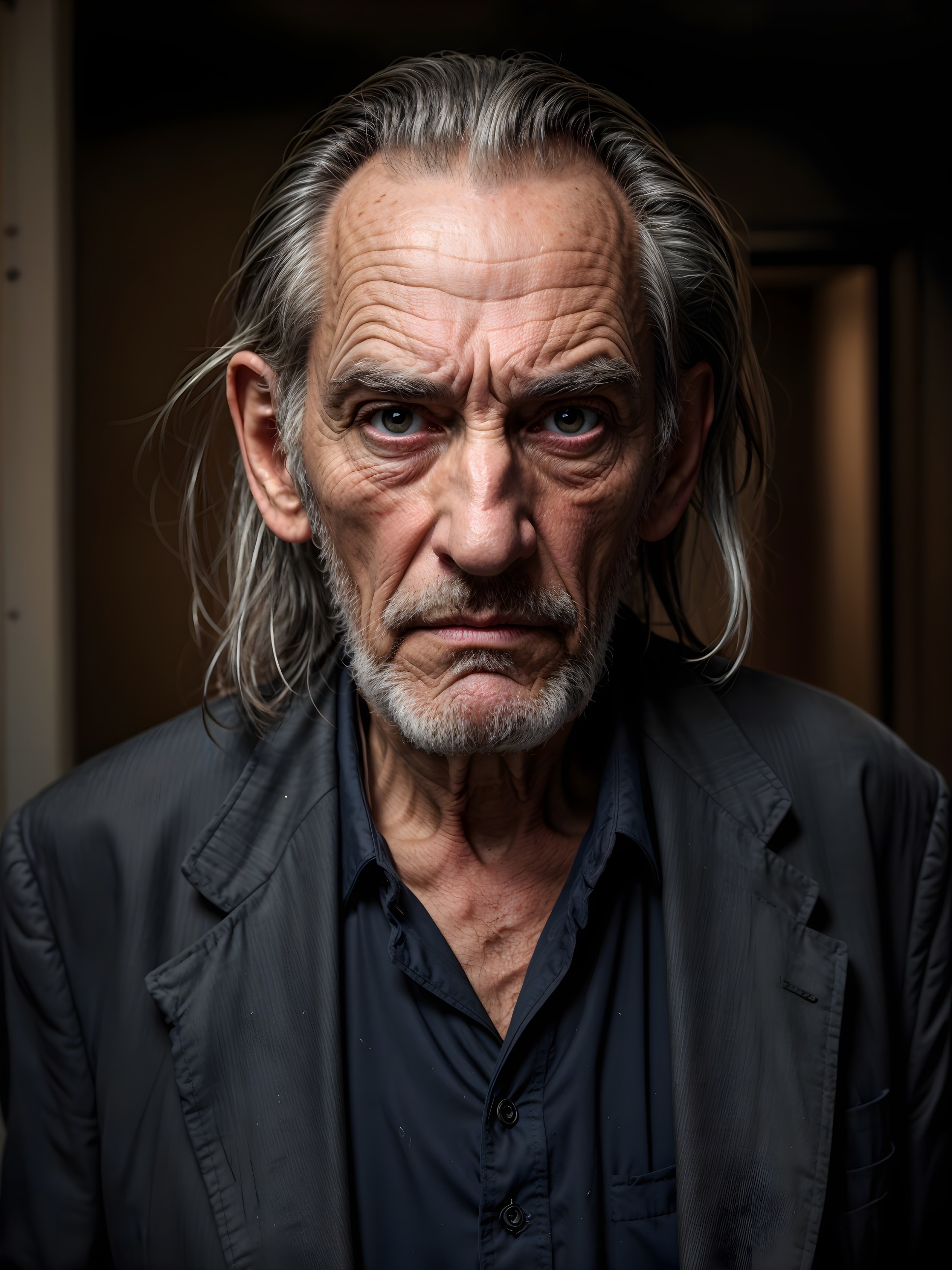 Elderly man with silver hair and piercing blue eyes