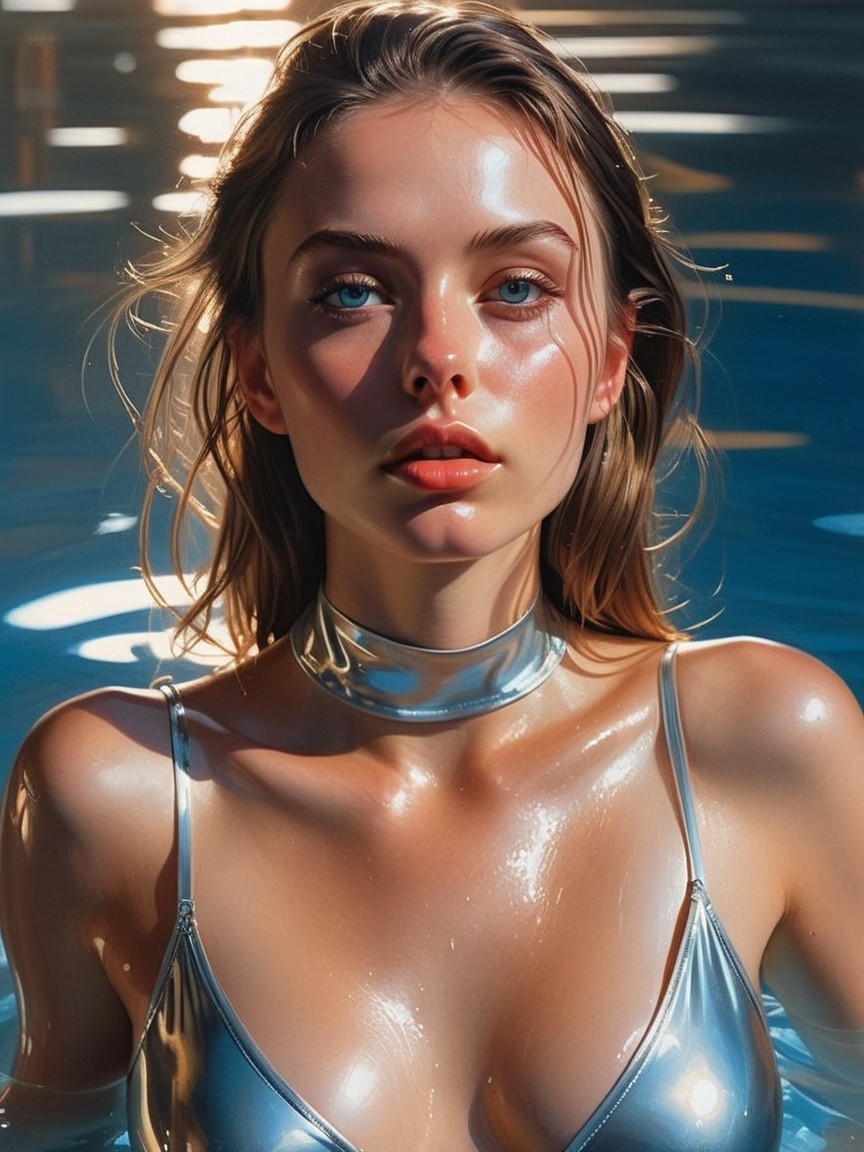 Woman in Silver Bikini in Shimmering Blue Pool
