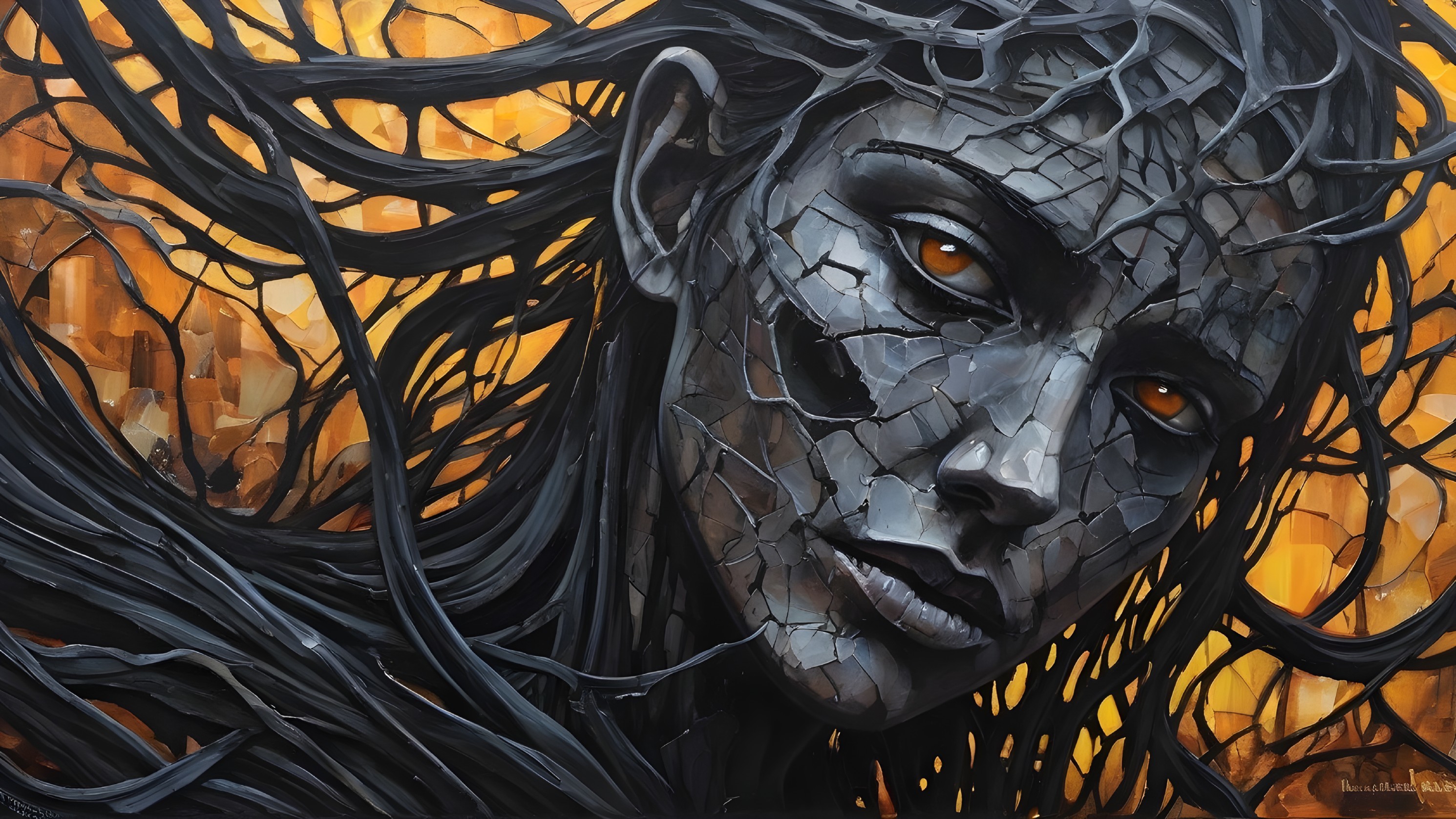 Surreal Portrait of Female Figure with Stone-Like Skin