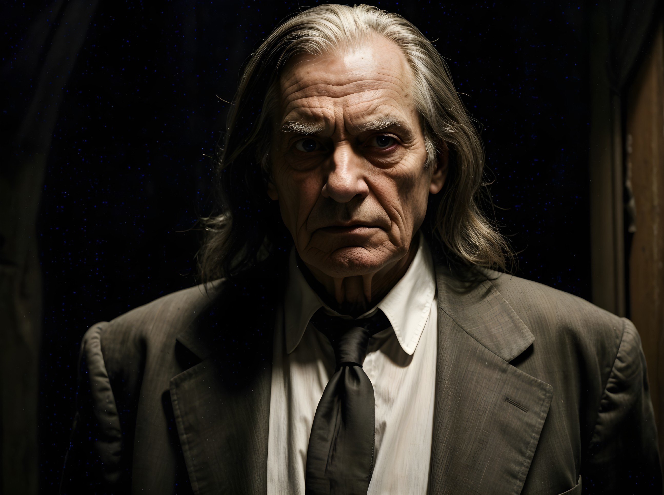 Older man in silver hair with serious expression
