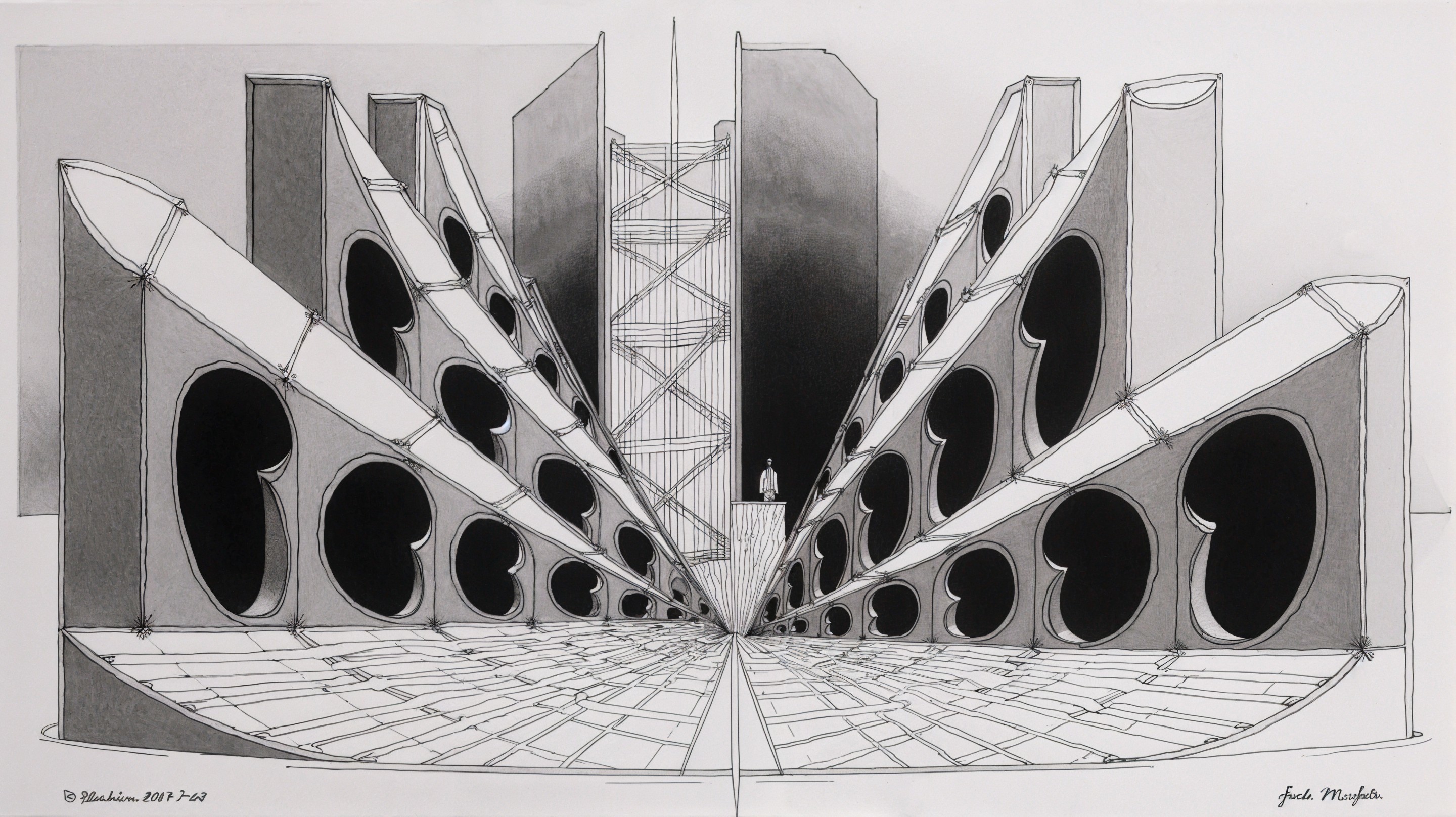 Architectural Sketch with Geometric Lines and Patterns