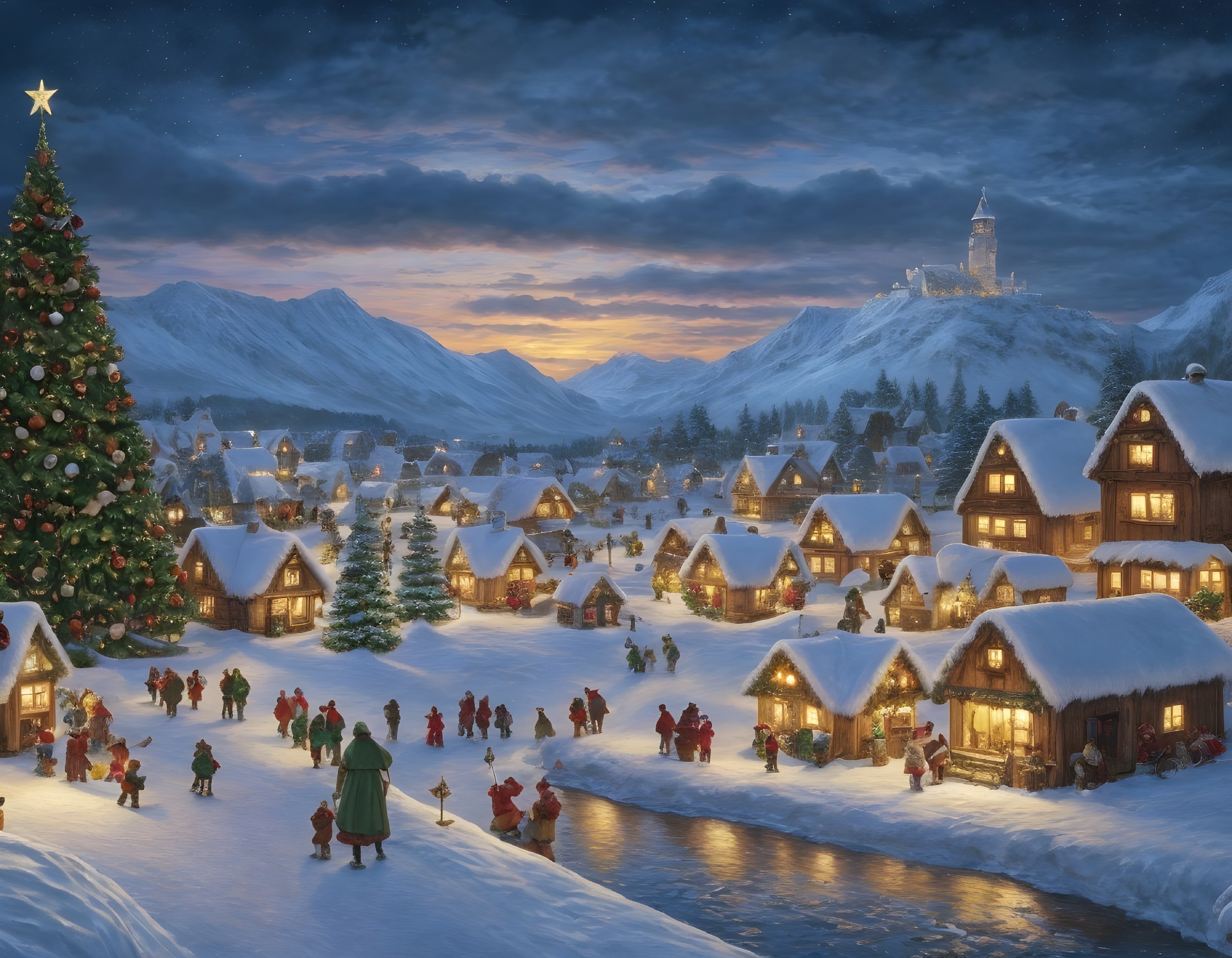 Snowy festive village at dusk with Christmas tree, villagers, and castle under starry sky