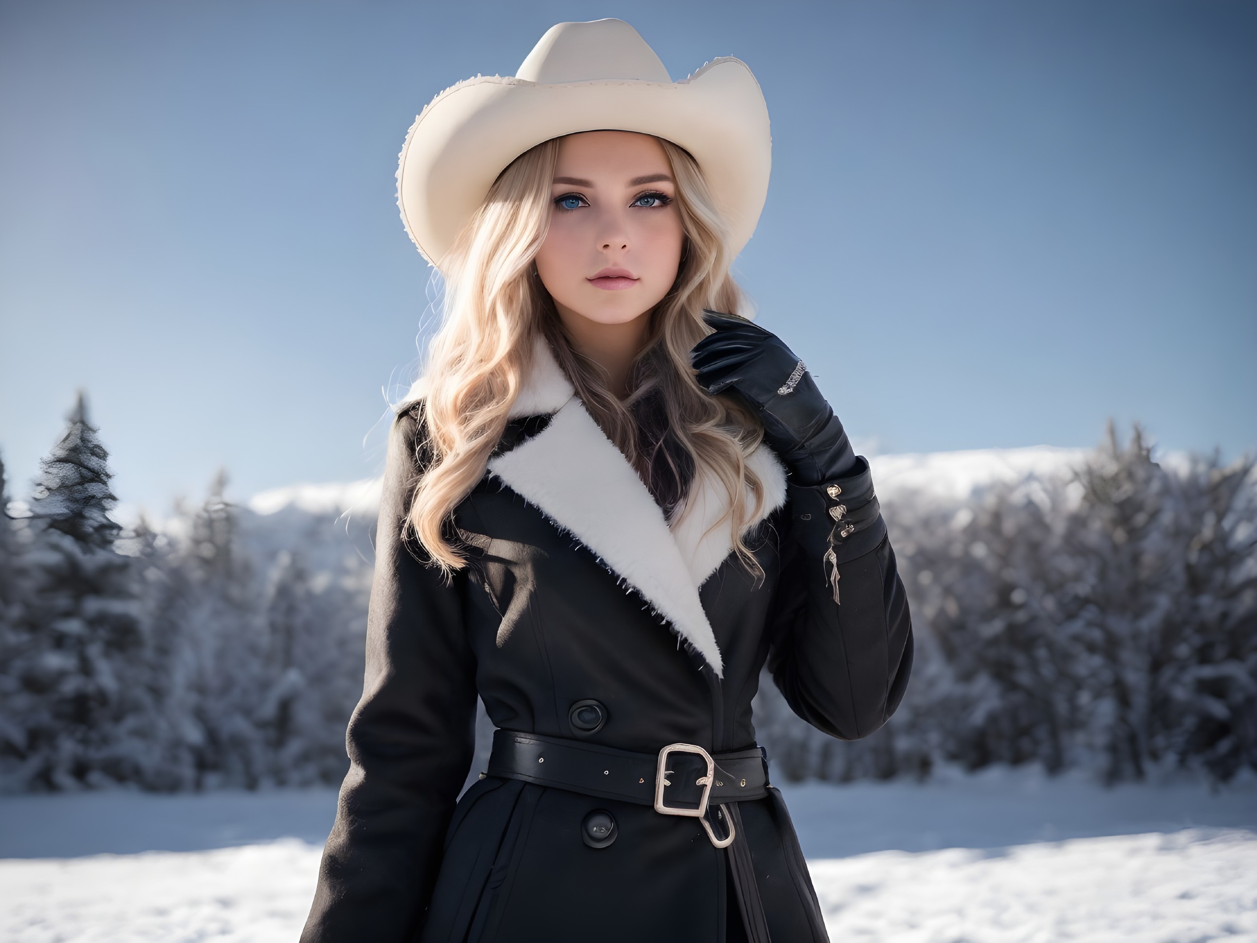 Young woman in black coat and cowboy hat in snow