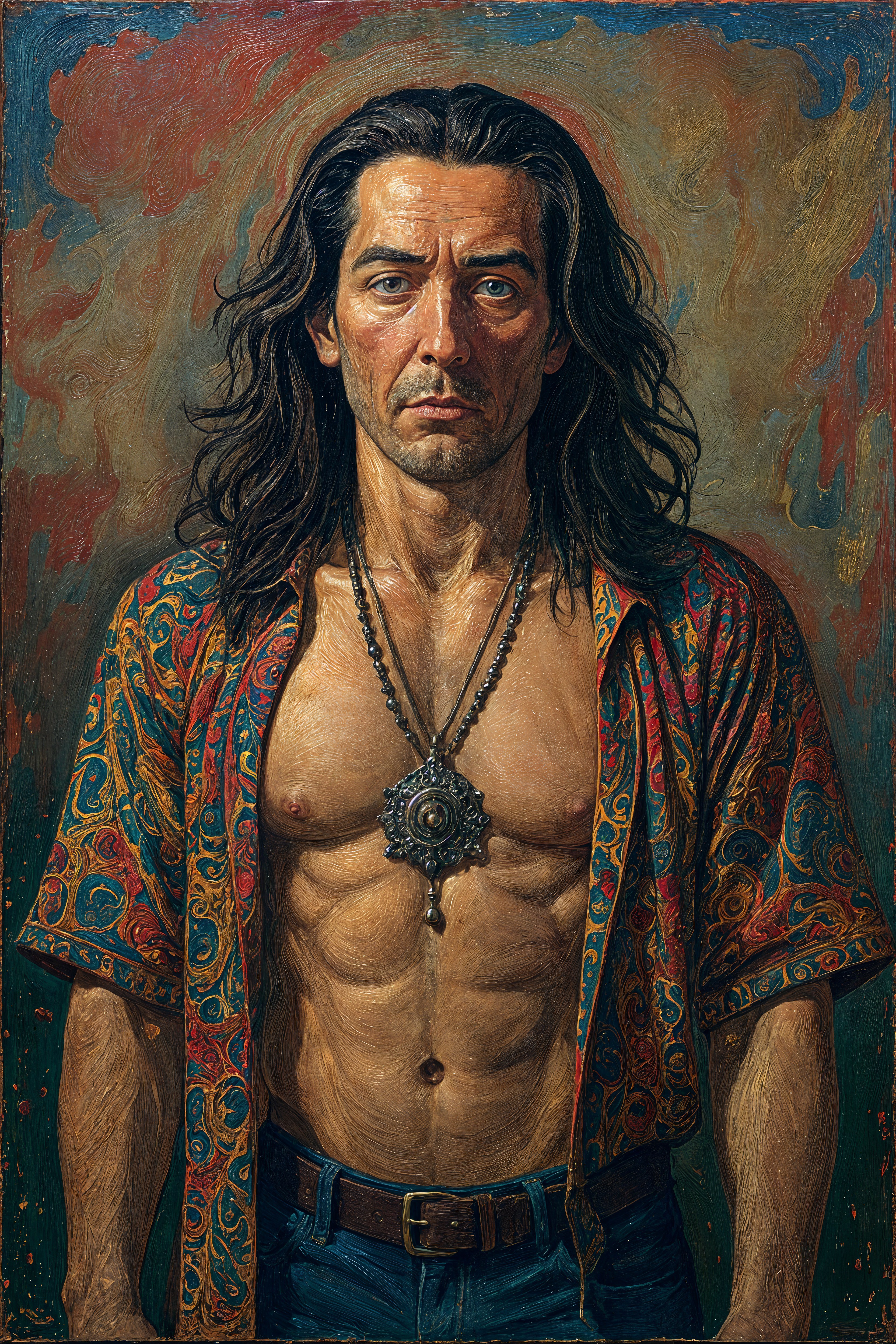 Rugged man with long hair in artistic portrait setting