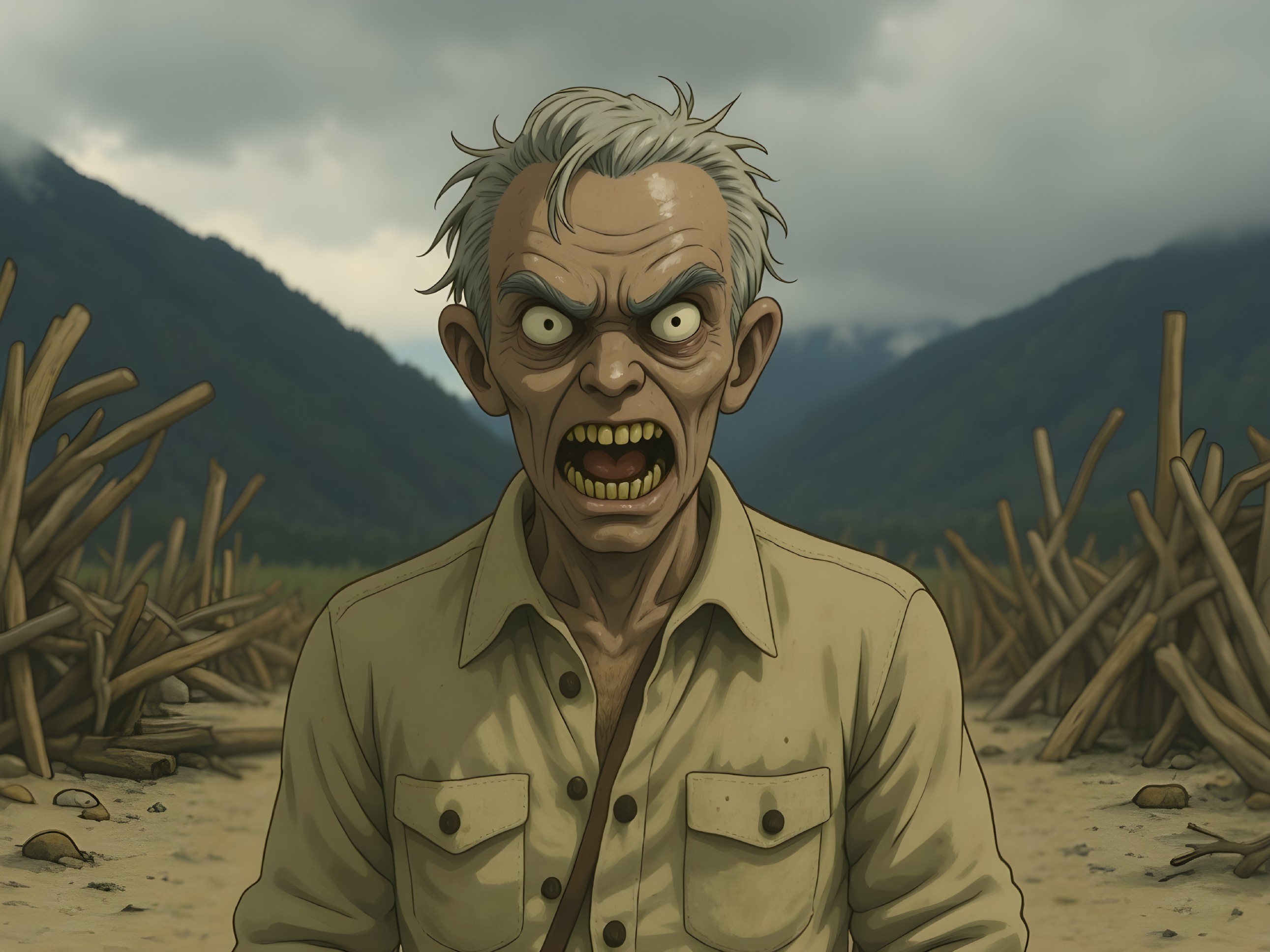 Elderly Animated Character in Desolate Landscape