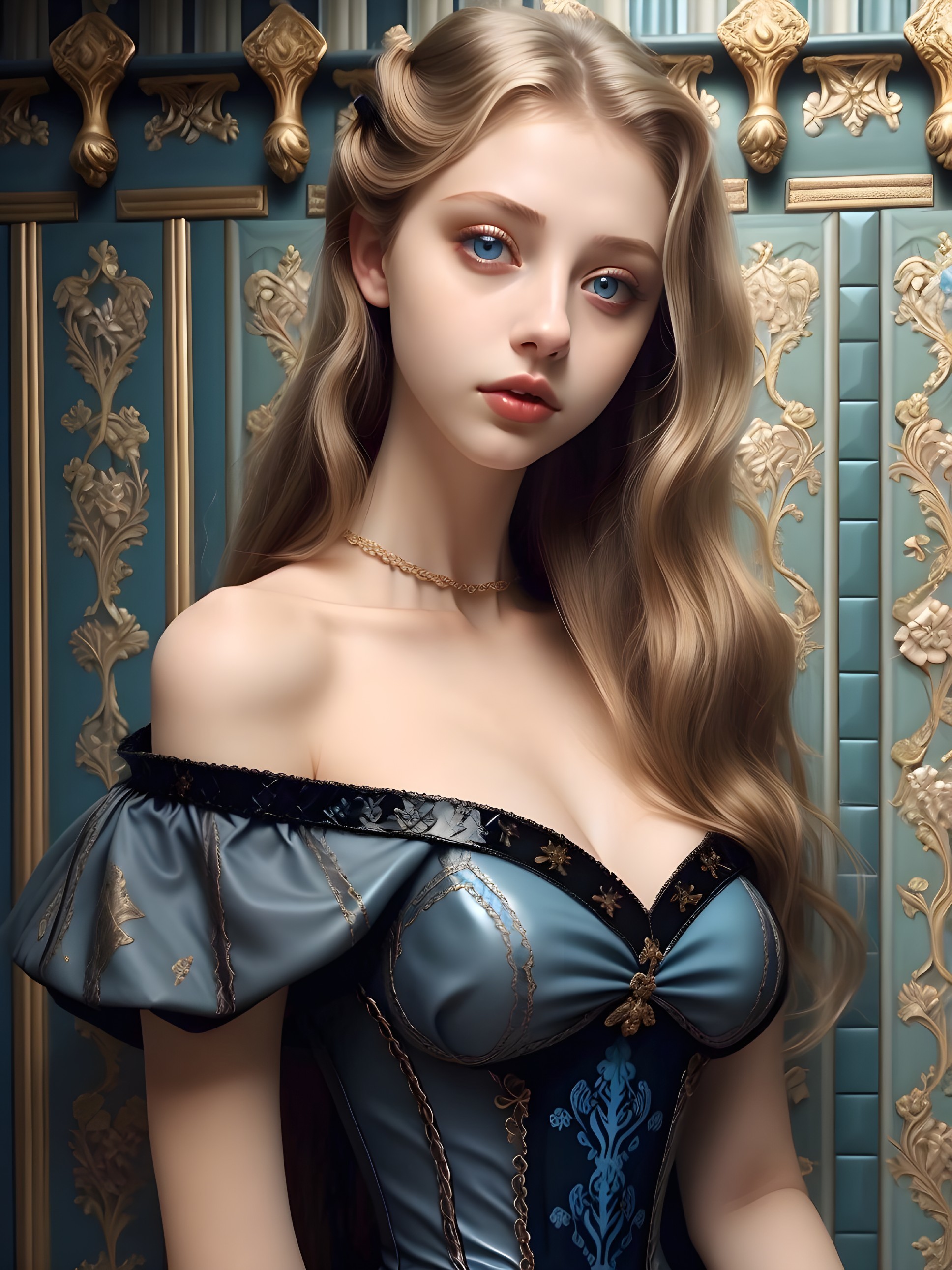 Young woman in elegant blue gown with ornate backdrop