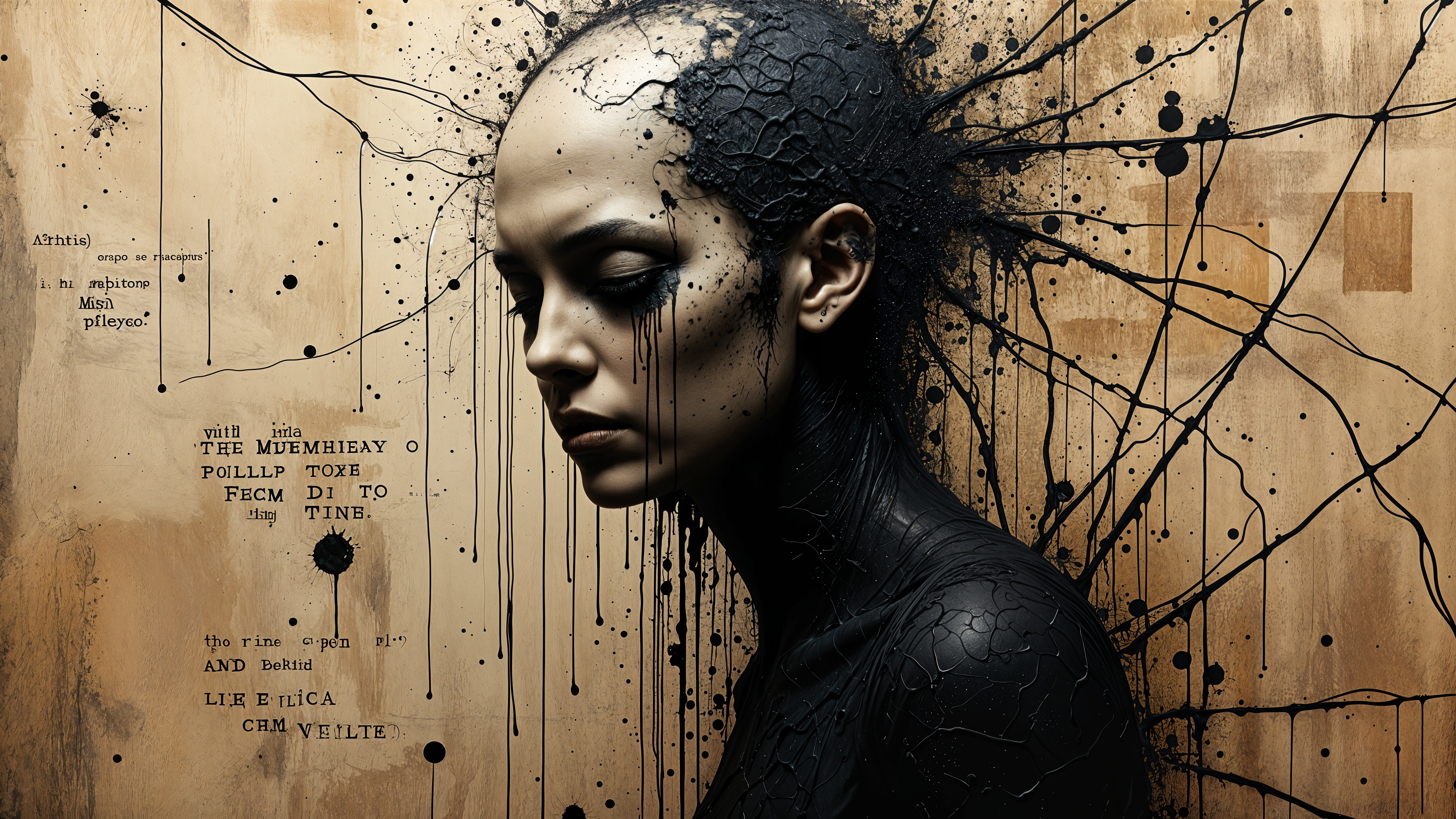 Woman with textured black face in abstract background