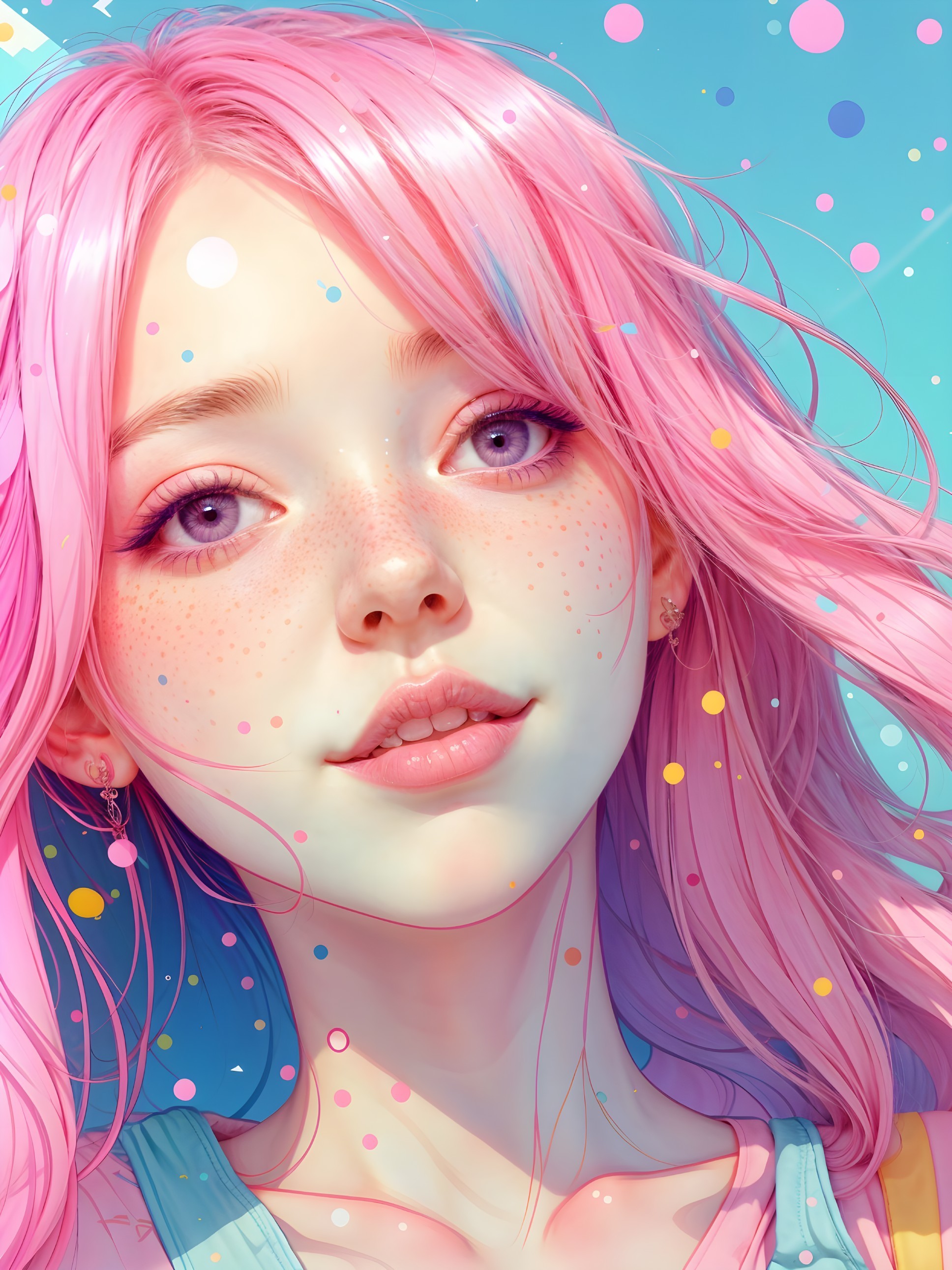 Portrait of a girl with pastel pink hair and purple eyes