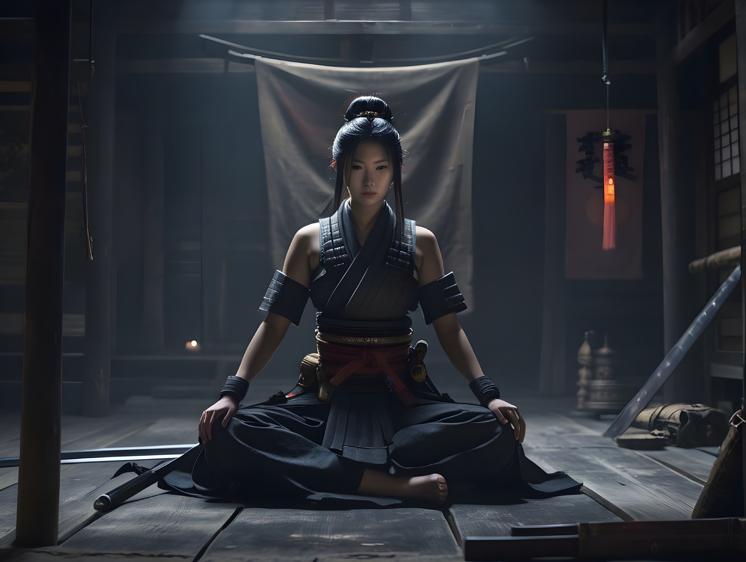 Samurai Woman Meditating in Traditional Dojo Setting