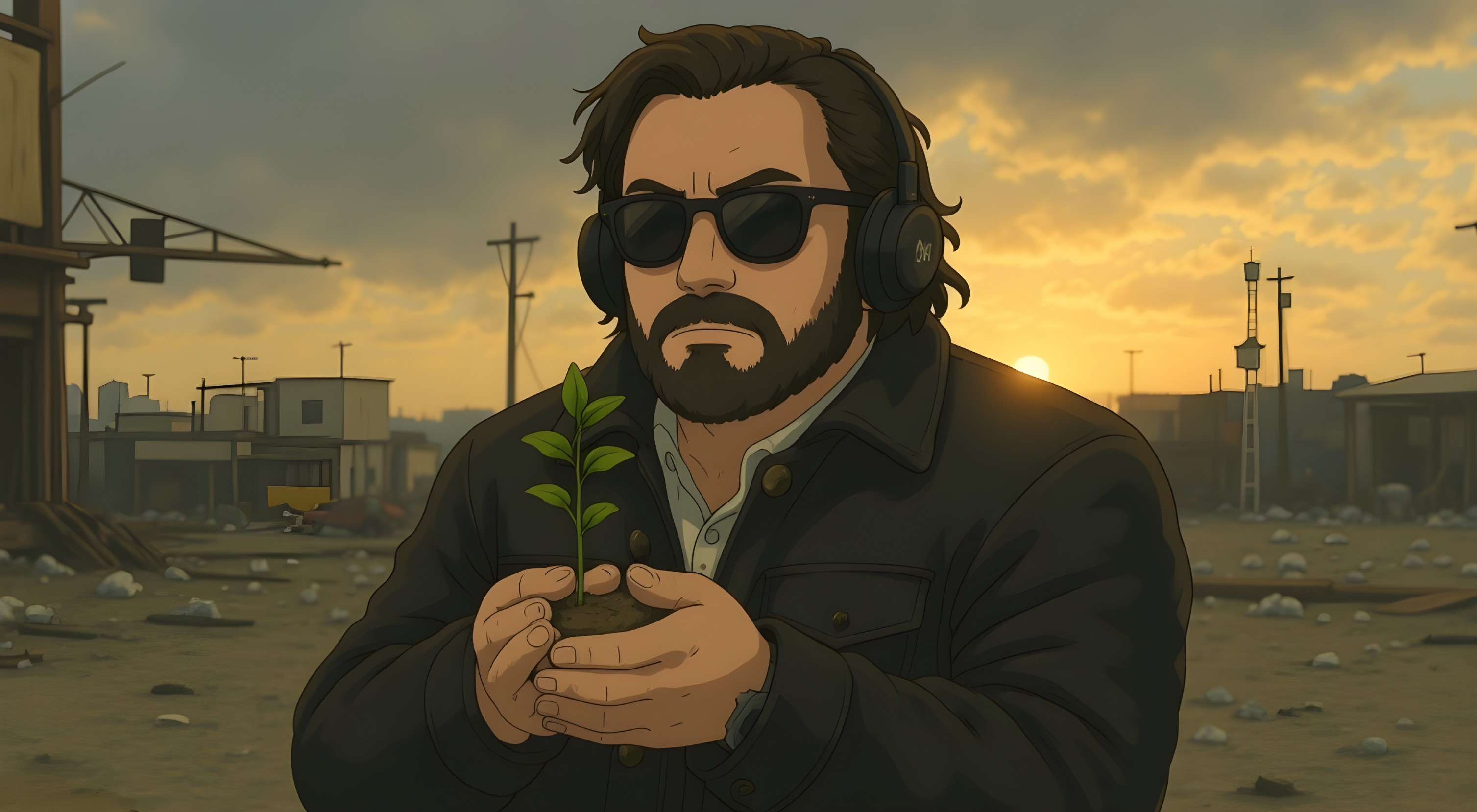 Man with Beard Holds Plant in Desolate Landscape
