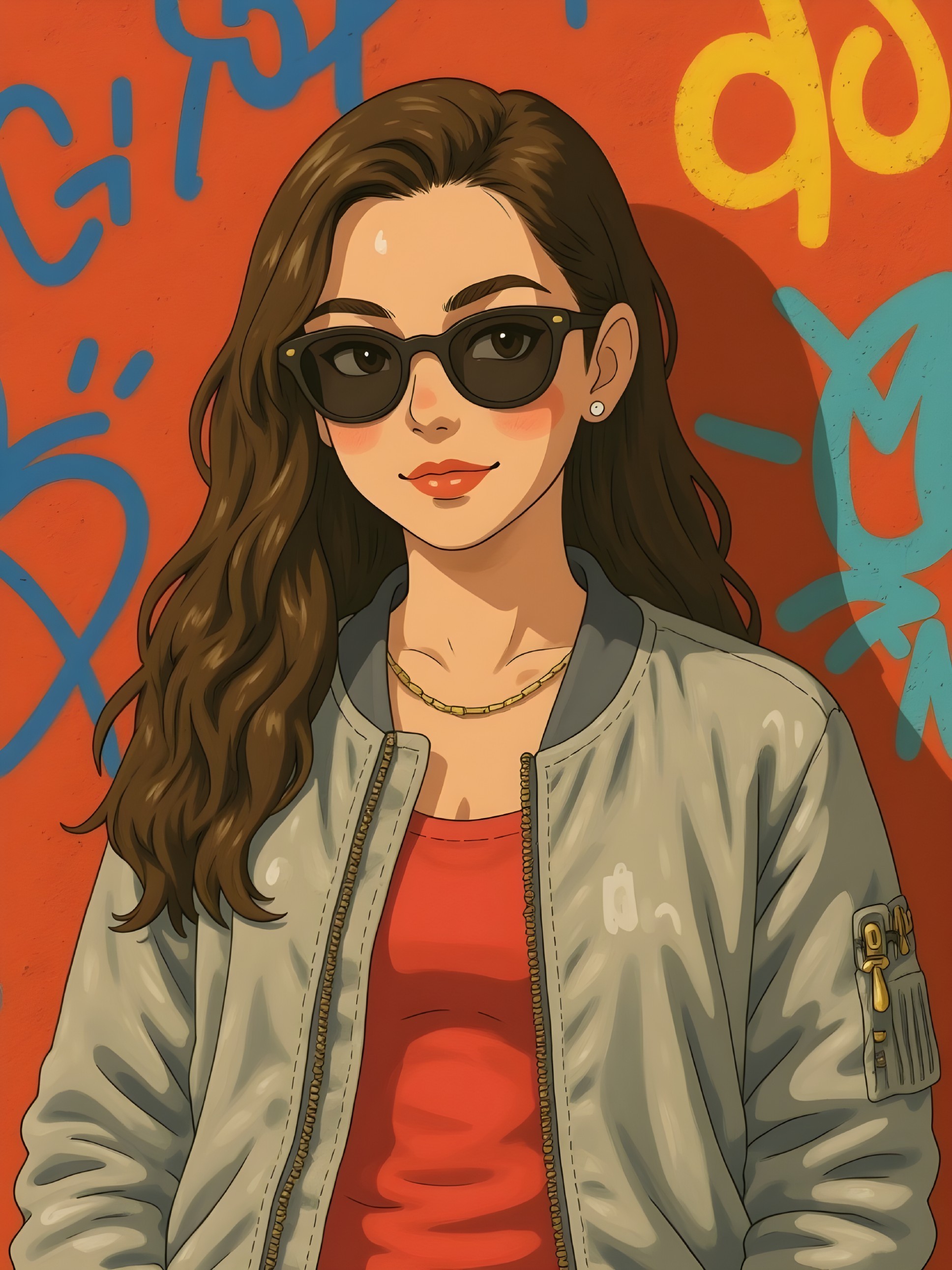 Stylish Woman Posed by Orange Graffiti Wall