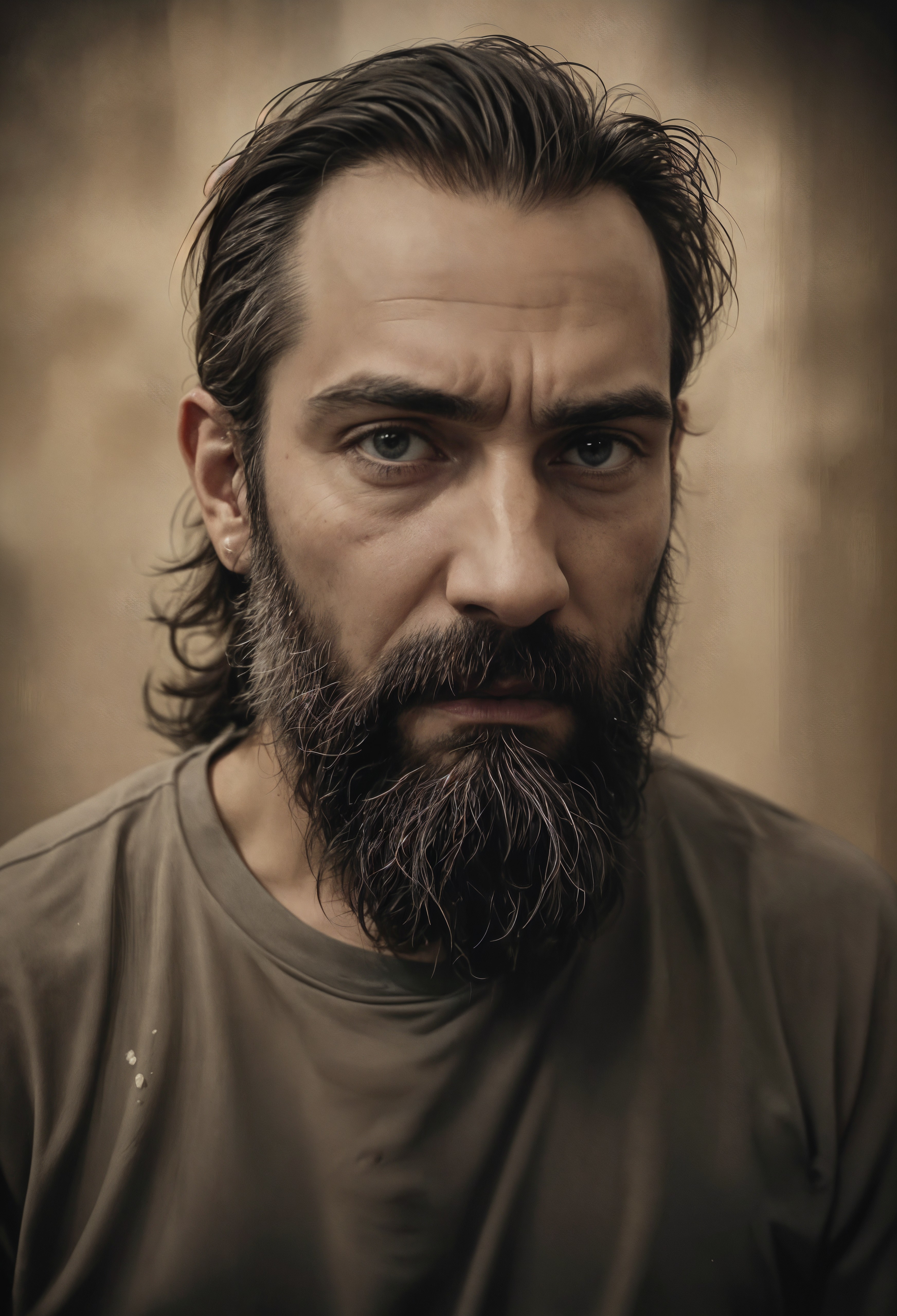 Portrait of a Serious Man with Dark Hair and Beard